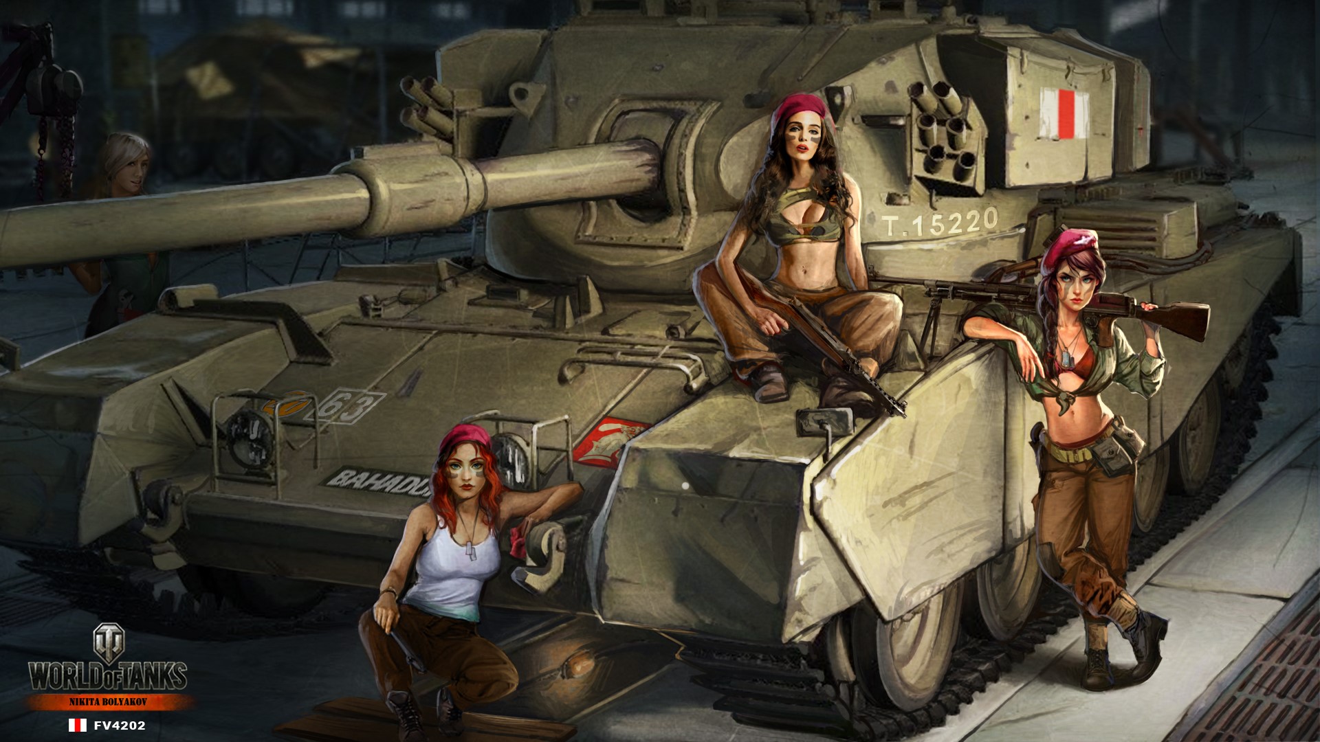 Three women with guns and FV4202 tank from World of Tanks HD Wallpaper