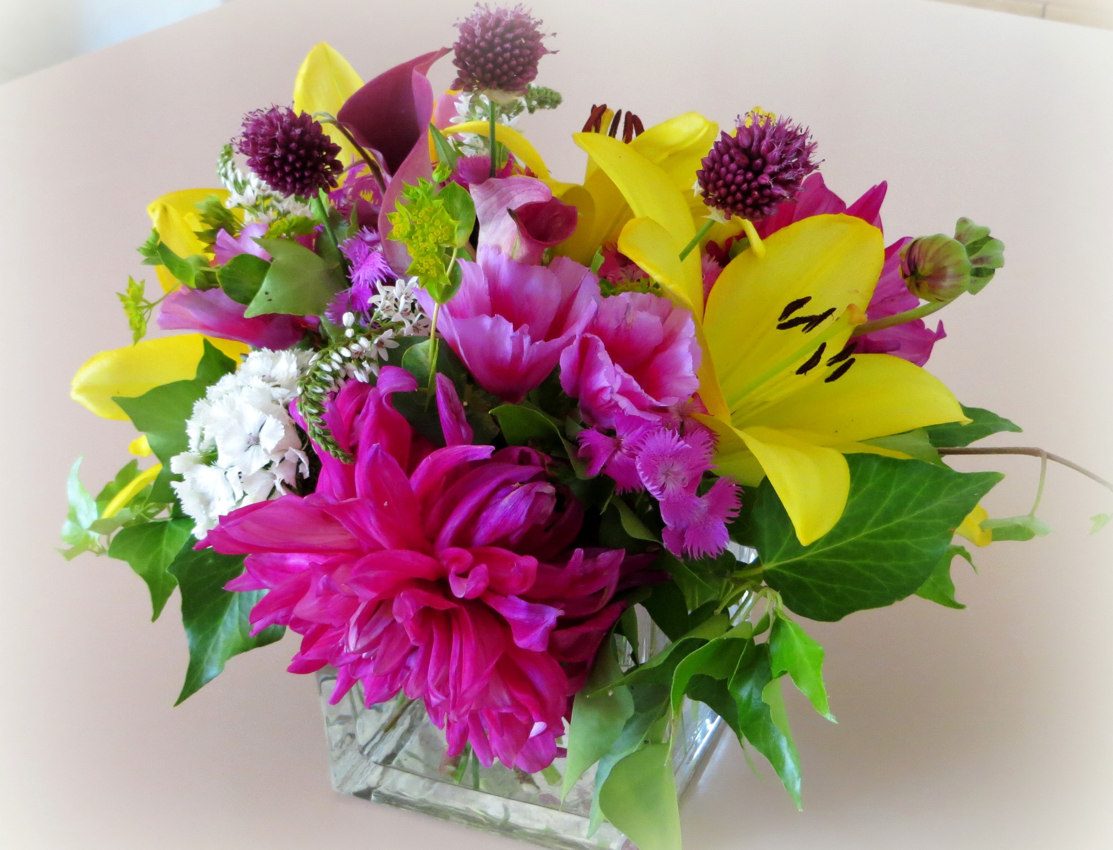 Colorful floral arrangement with dahlias and lilies HD Wallpaper