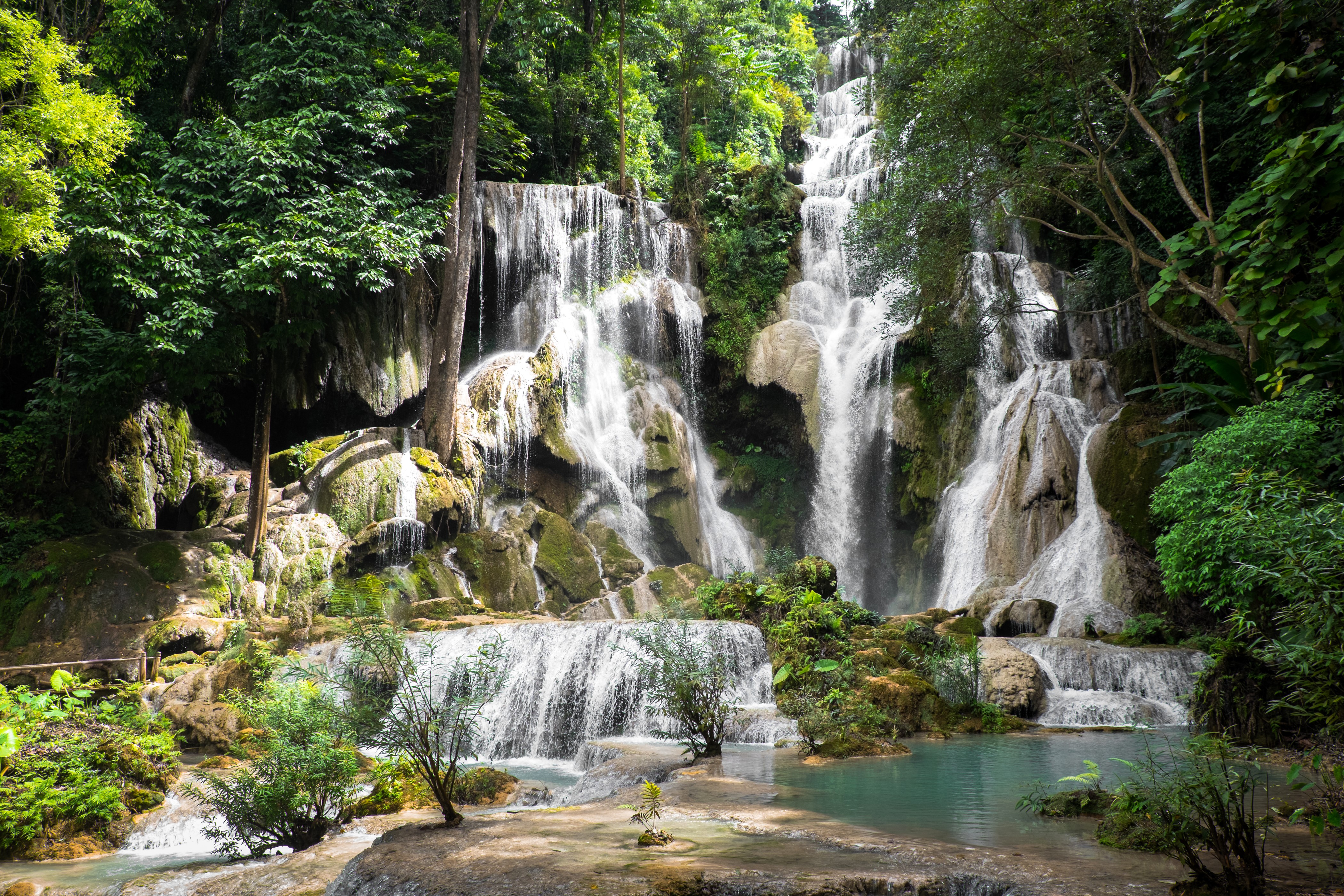 Kuang Si Falls Laos Tropics Waterfalls HD Wallpaper