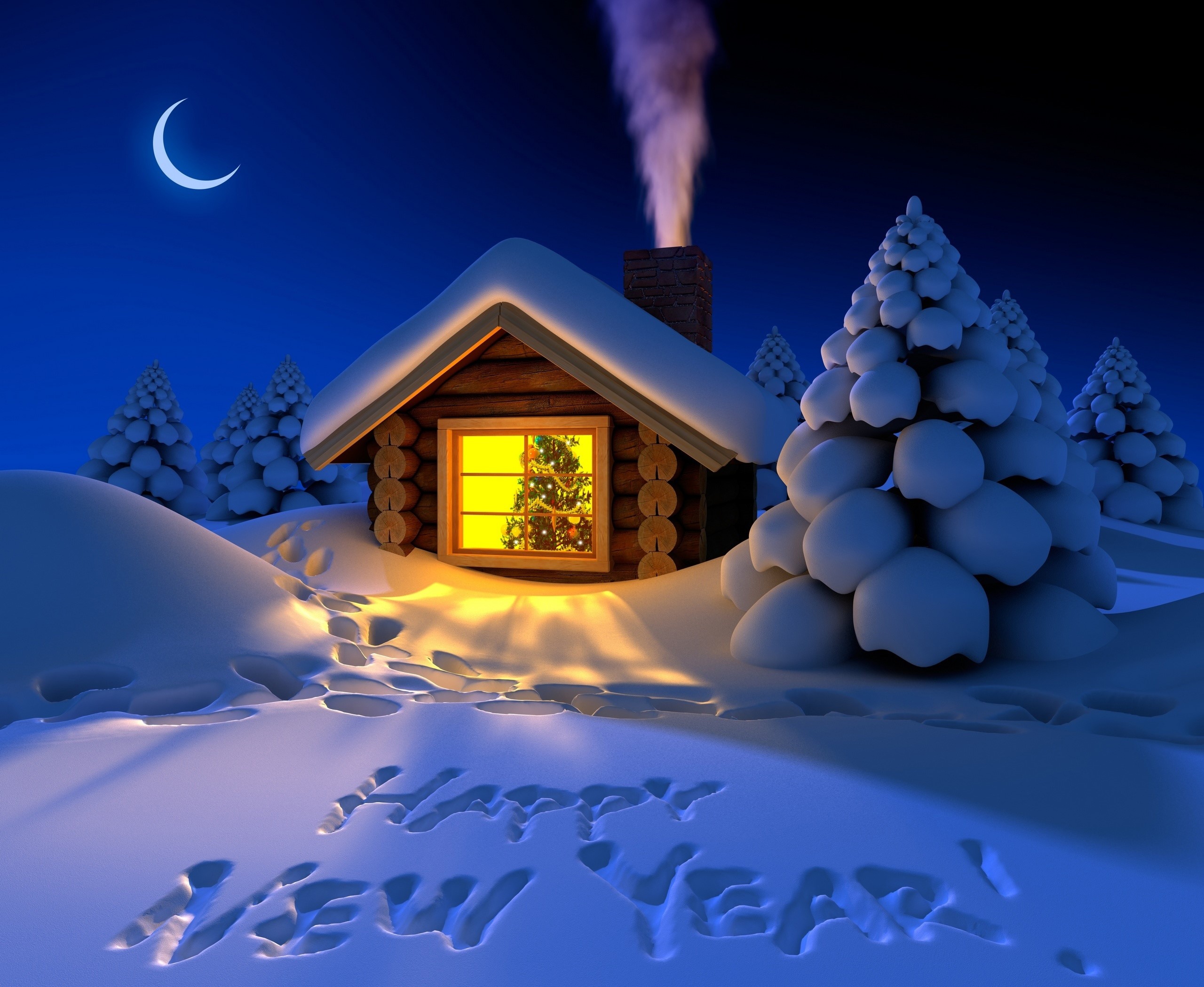 Cozy Snowy Cabin with Christmas Tree and Moonlight HD Wallpaper