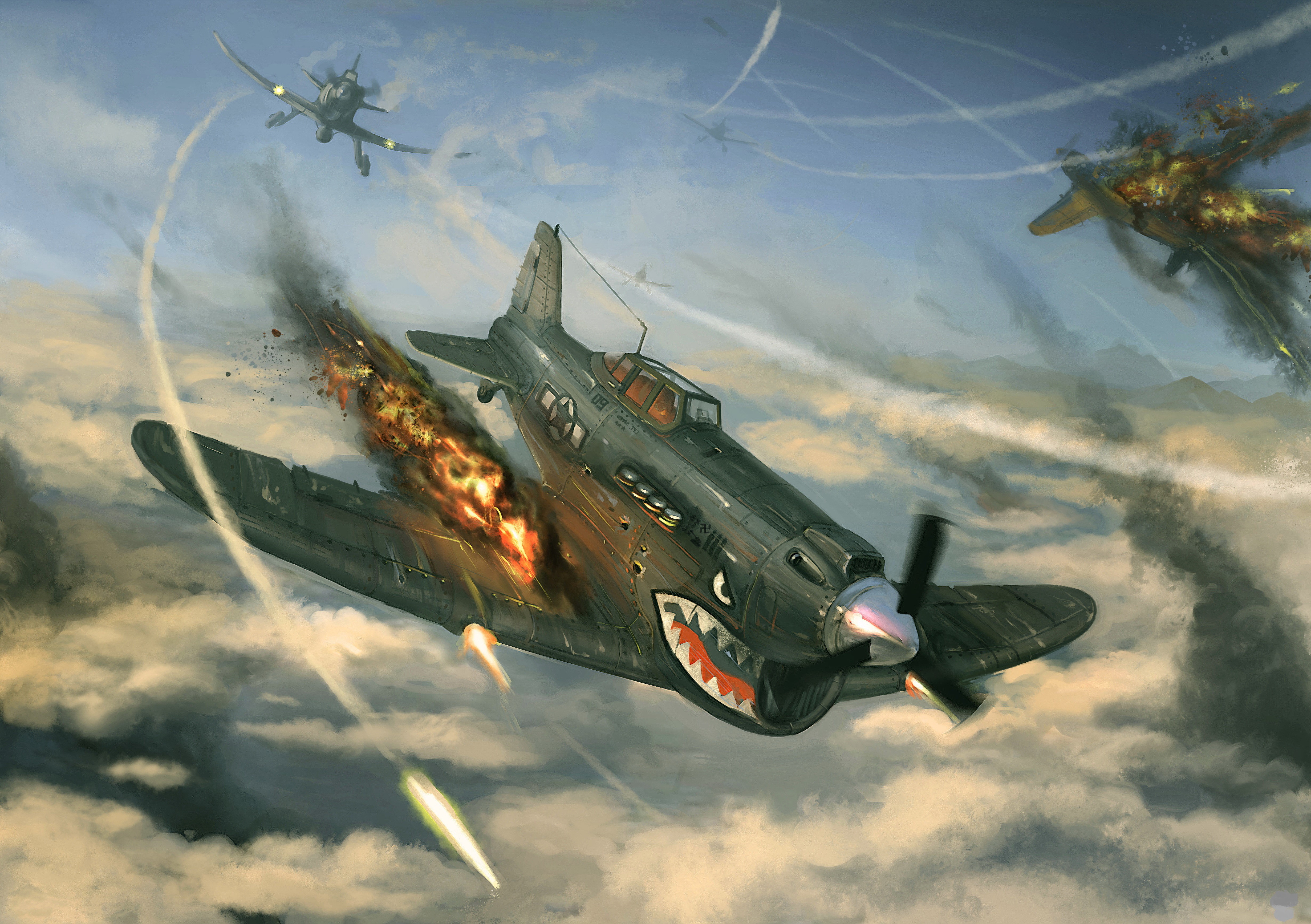 4K War Painting of Fighter Airplanes in Combat HD Wallpaper