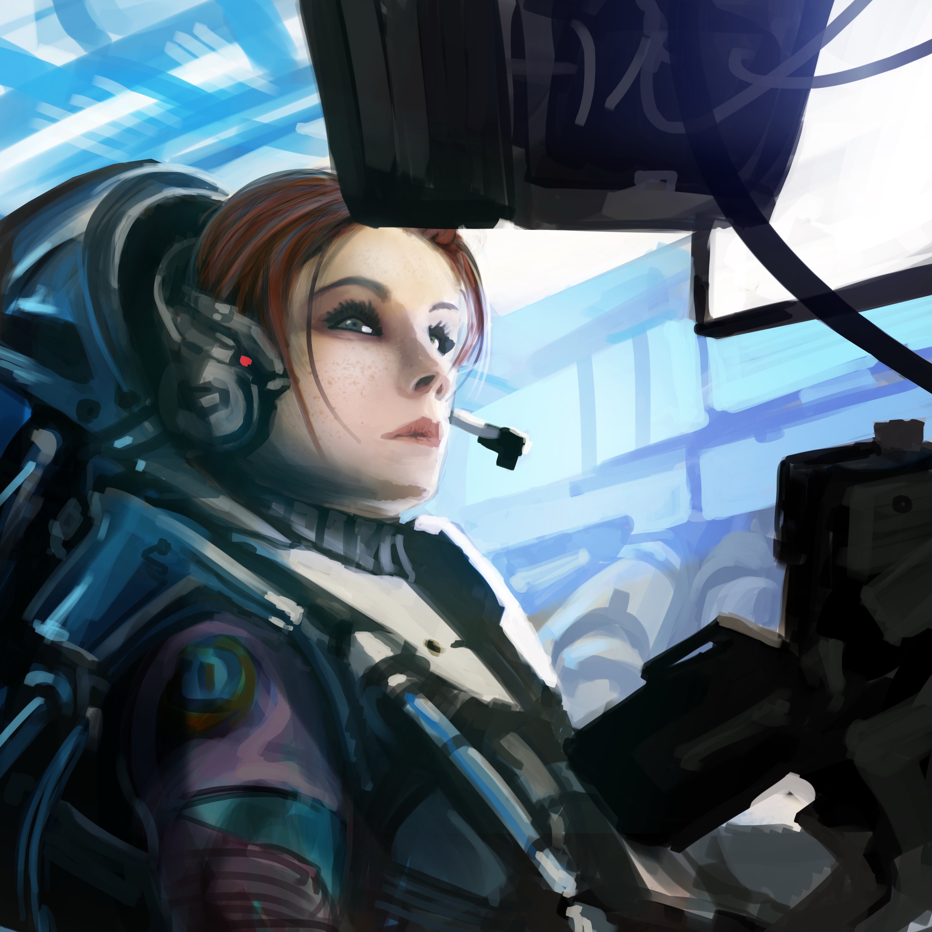 Woman in futuristic pilot suit with headphones HD Wallpaper
