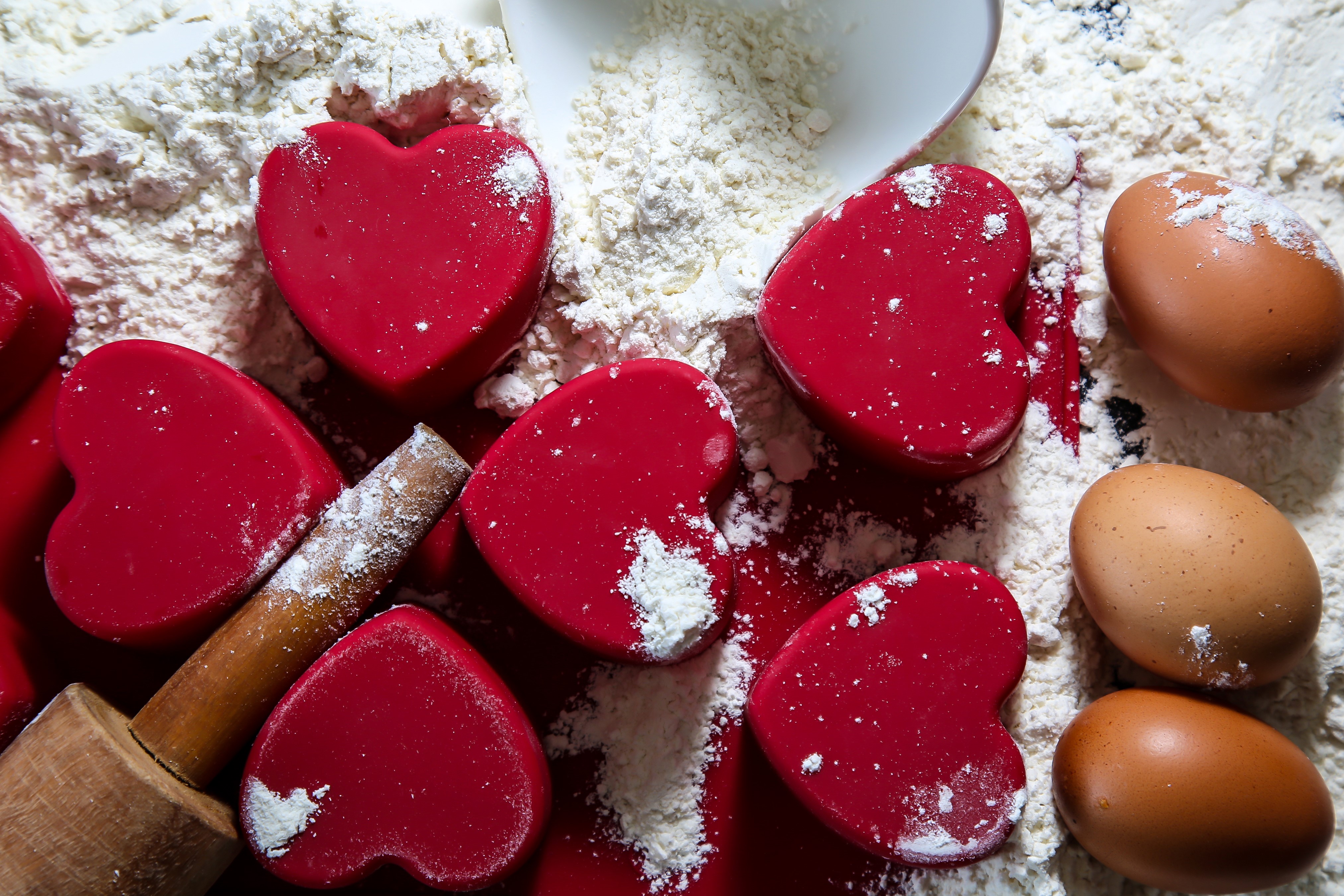 Red Heart Candies with Eggs and Flour HD Wallpaper