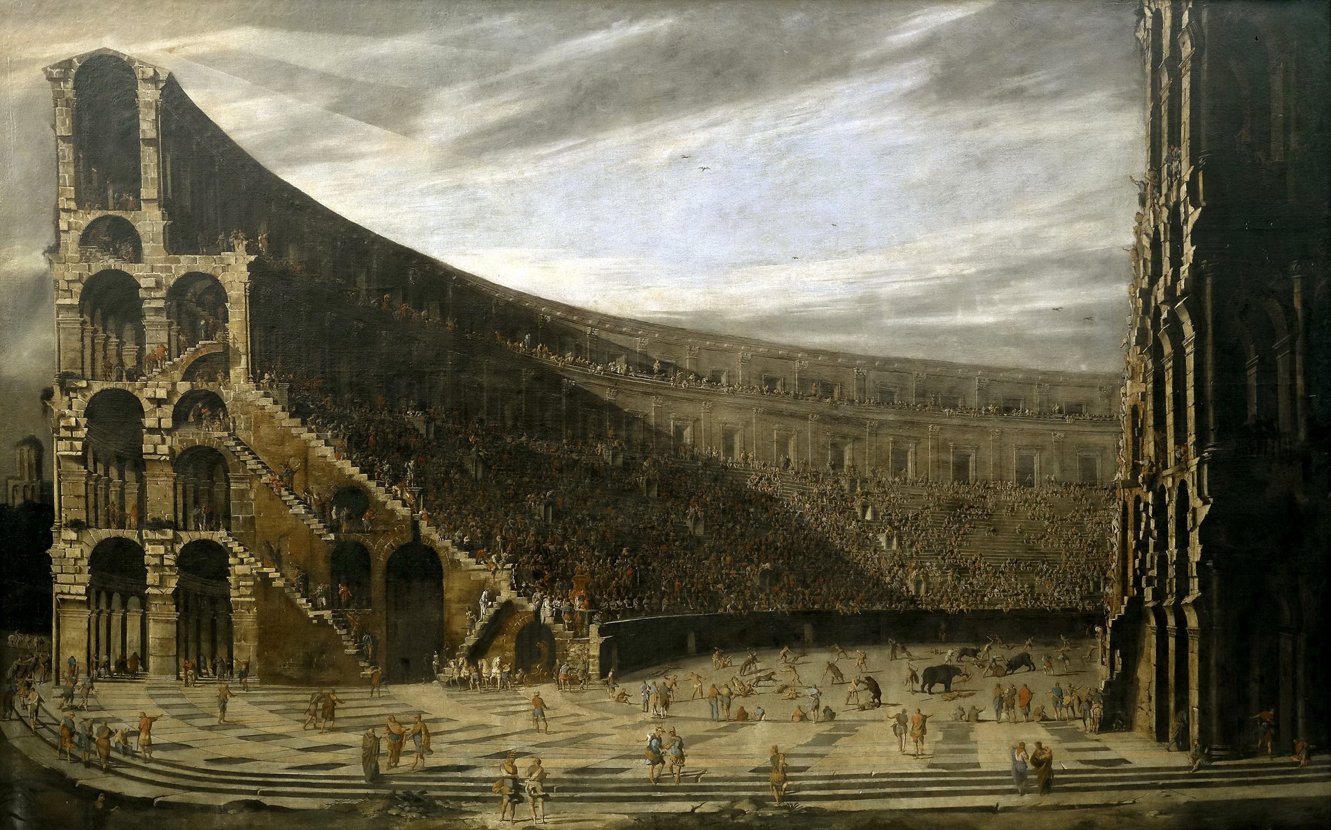 Viviano Codazzi's painting of a Roman amphitheater with a crowd HD Wallpaper