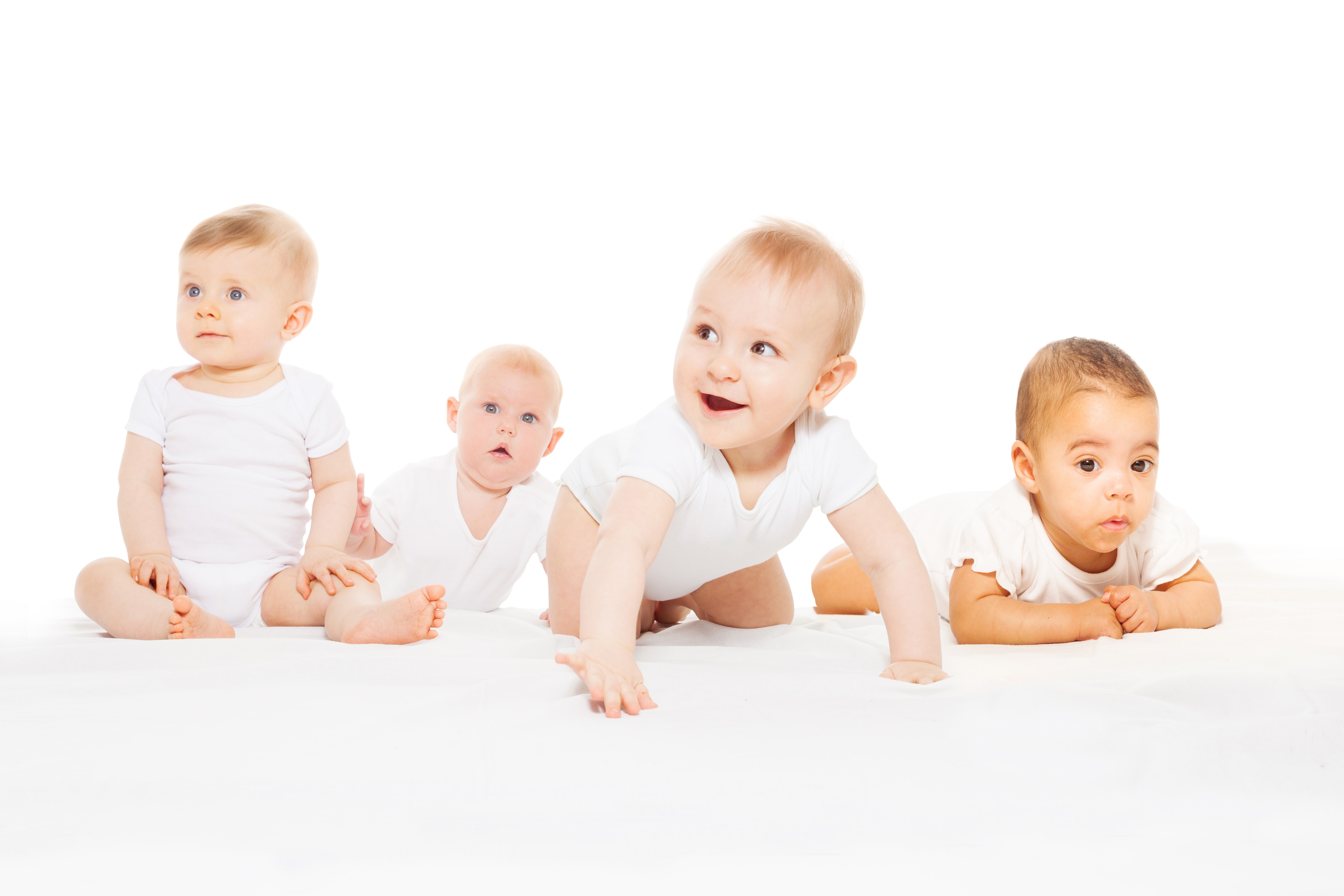 Four babies in white onesies on a white background HD Wallpaper
