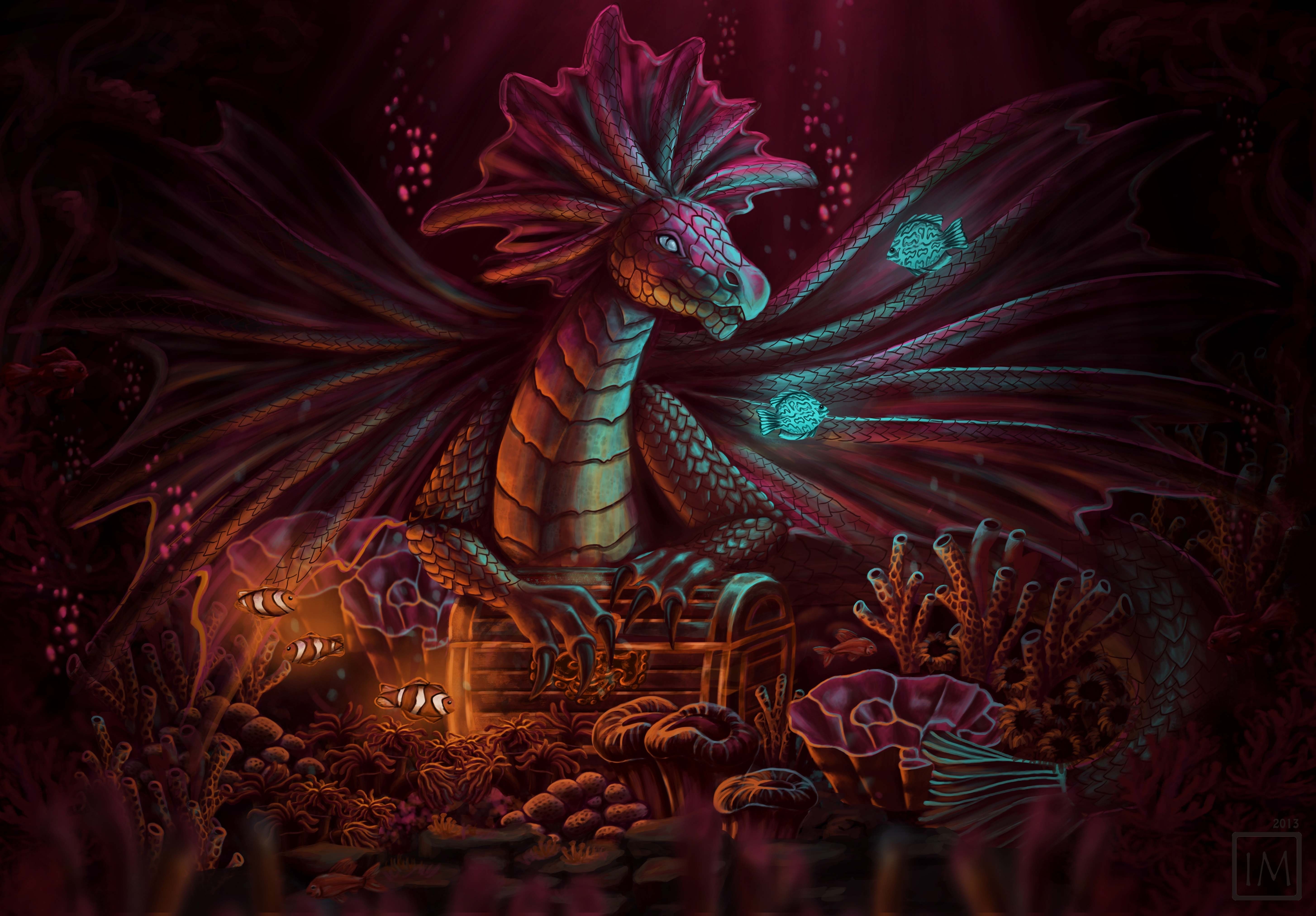 Dragon guarding a treasure chest underwater HD Wallpaper