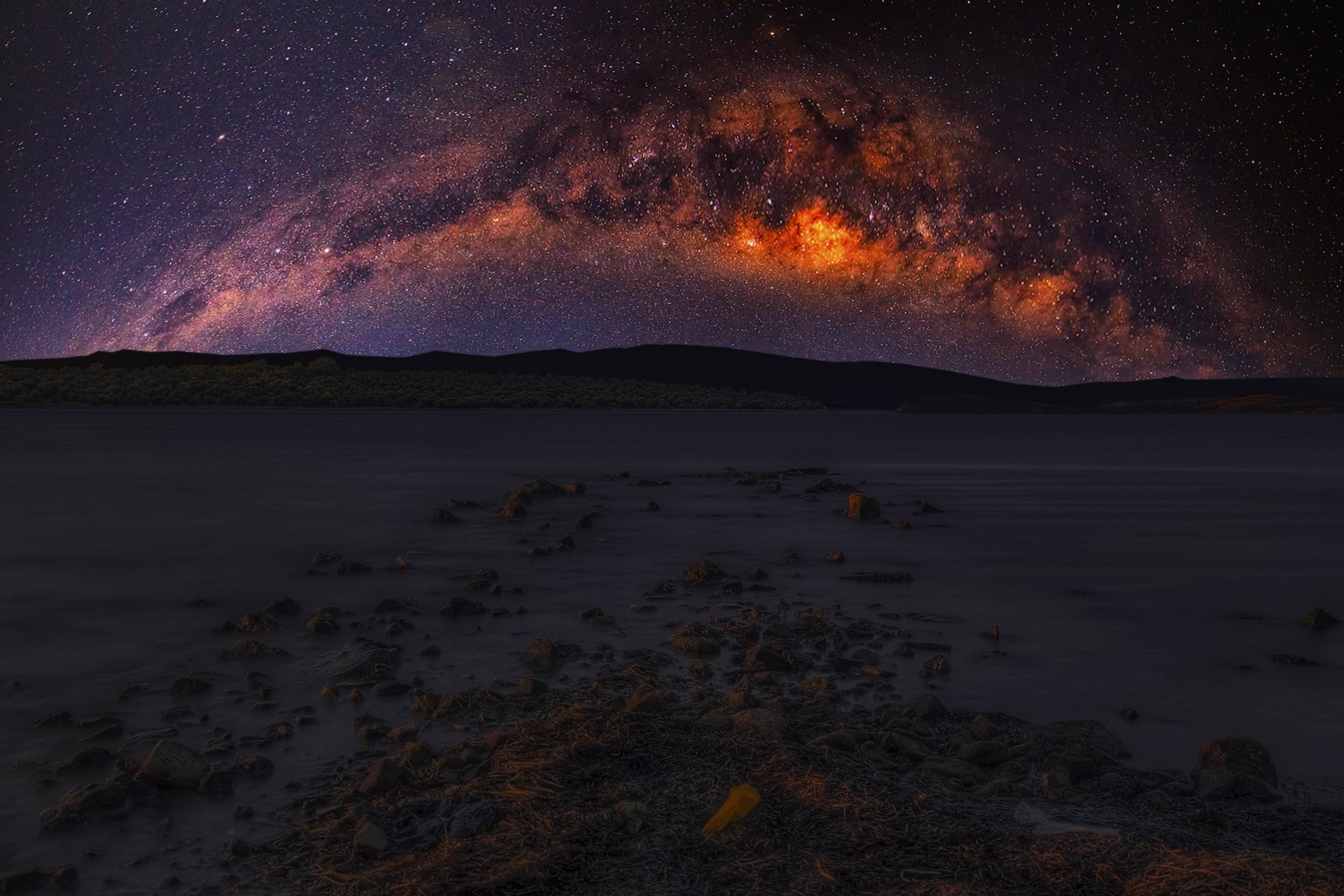 Milky Way over a lake at night HD Wallpaper