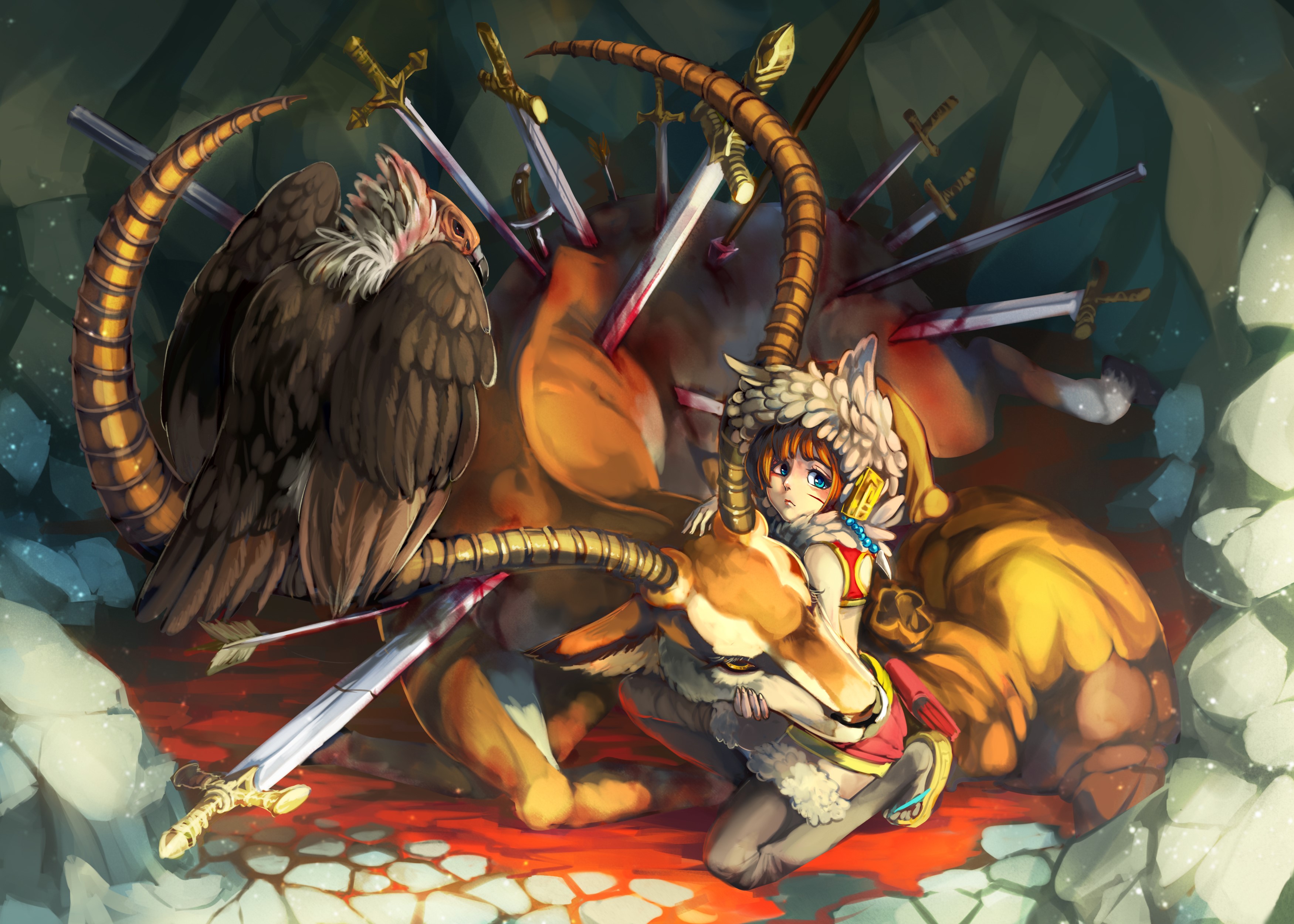Girl with bird and magical animal impaled by swords HD Wallpaper