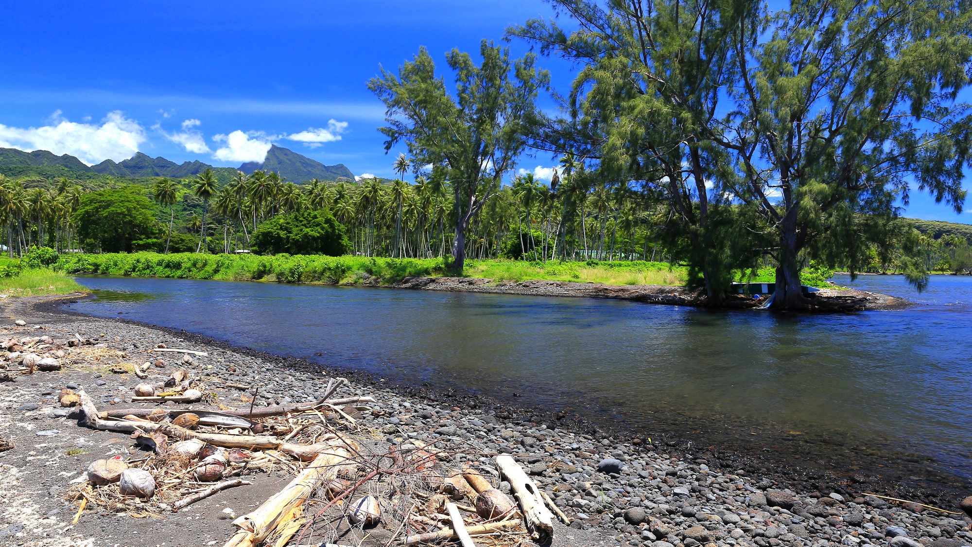 River flowing through a tropical landscape with mountains HD Wallpaper