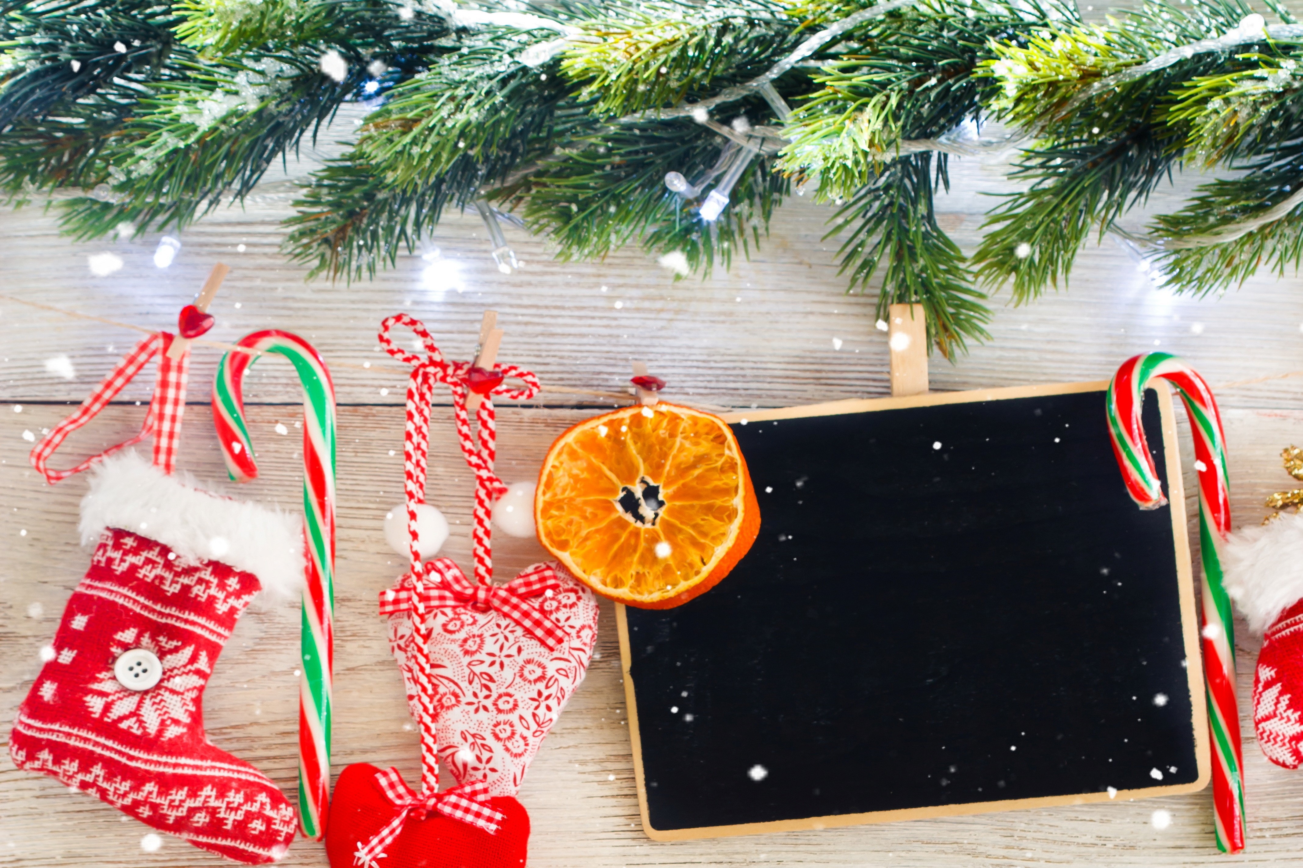 Christmas decorations with fir branches and lights HD Wallpaper