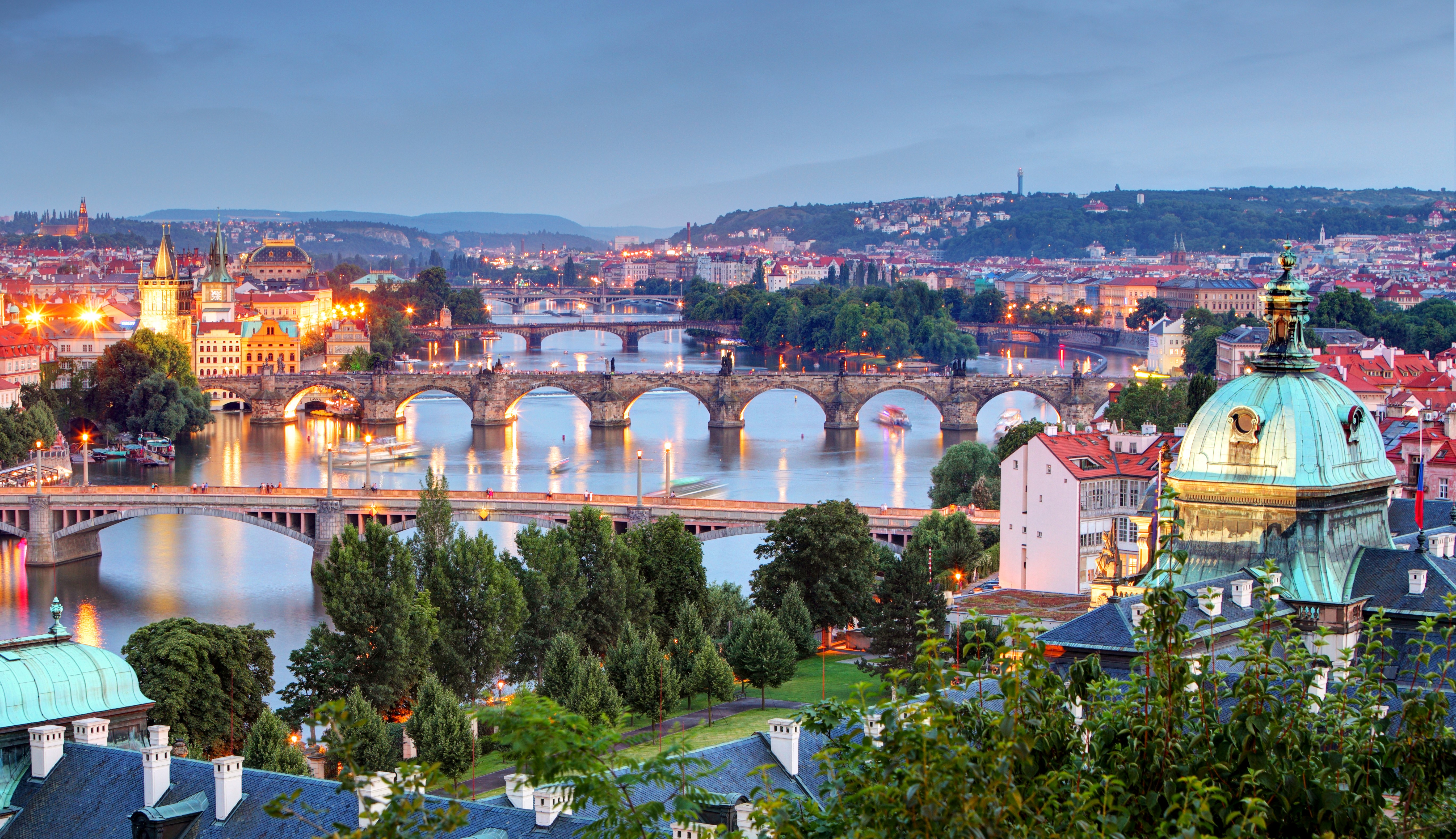 Prague, Czech Republic: Bridges and River at Dusk HD Wallpaper