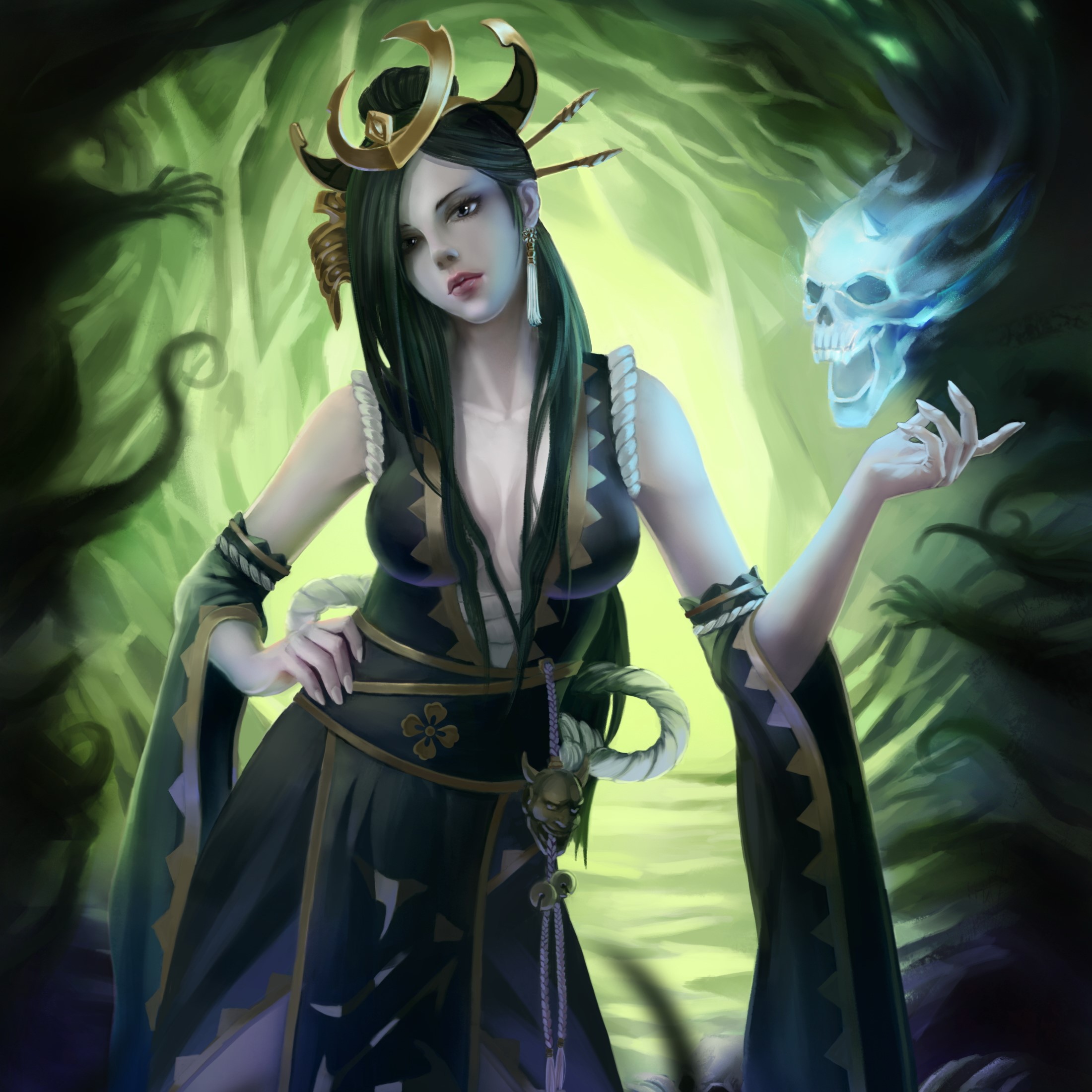 Woman with skull apparition in a dark forest HD Wallpaper