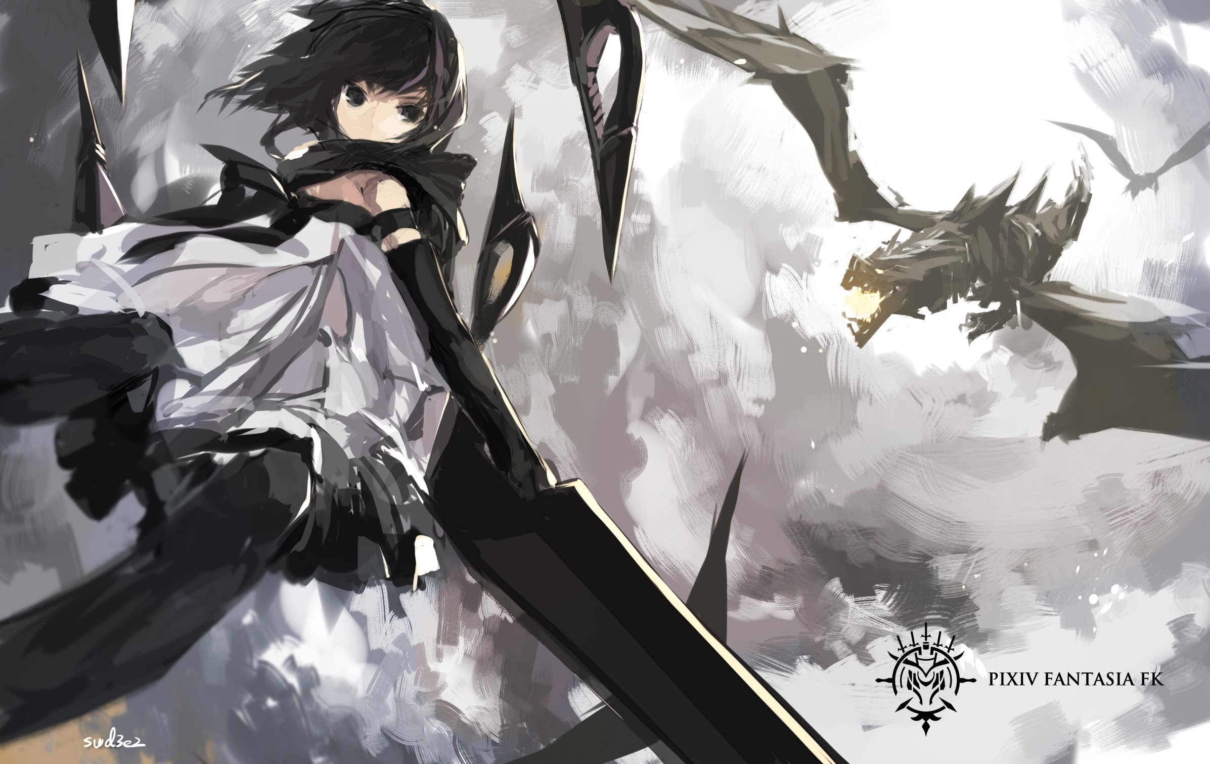 Girl with sword and dragons in Pixiv Fantasia FK HD Wallpaper