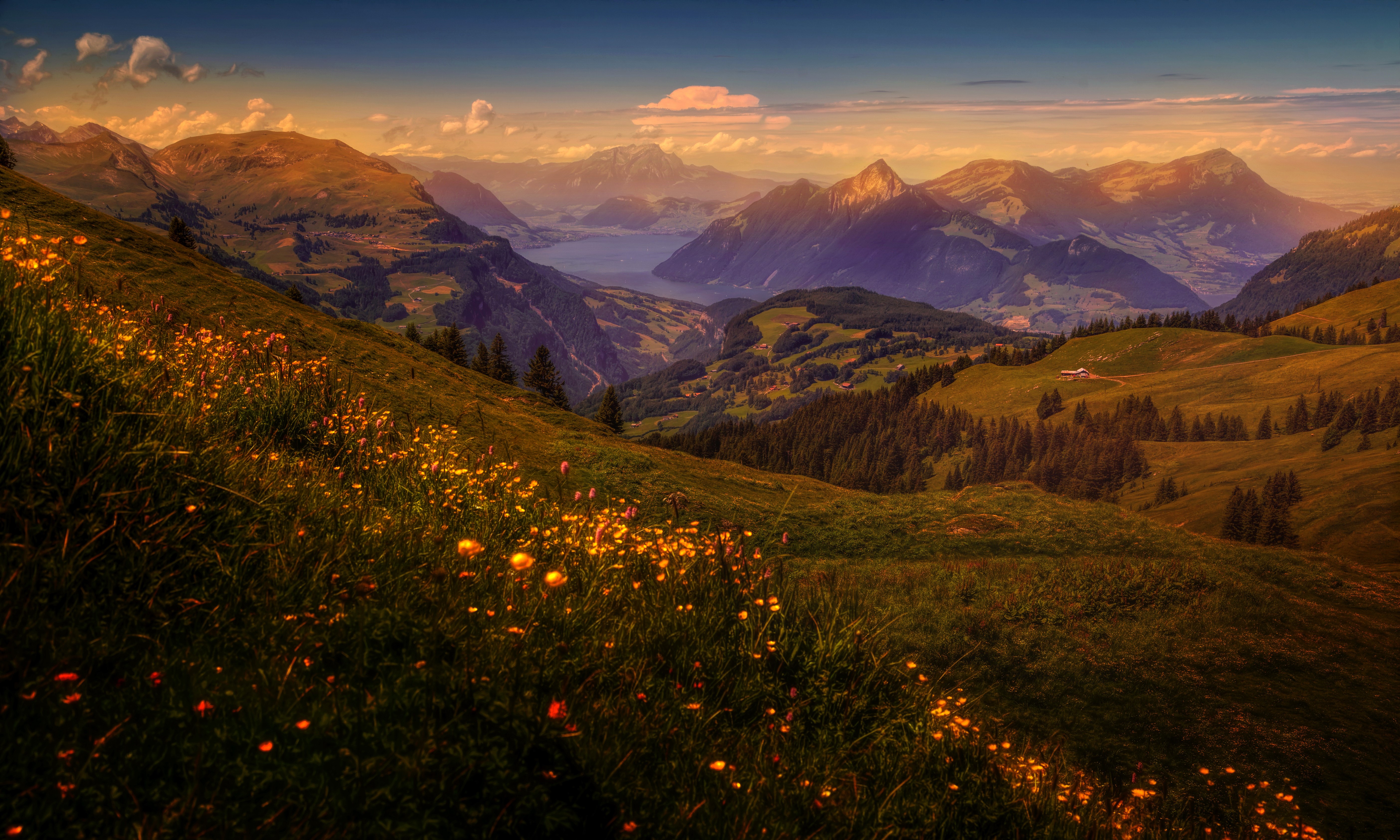 Switzerland Mountains Grasslands River Sunset HD Wallpaper