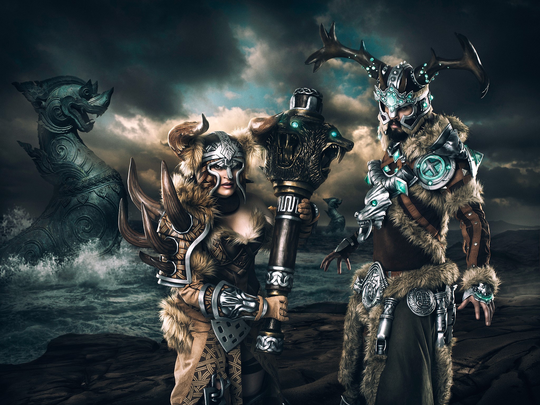 Two Vikings in Armor with Weapons HD Wallpaper