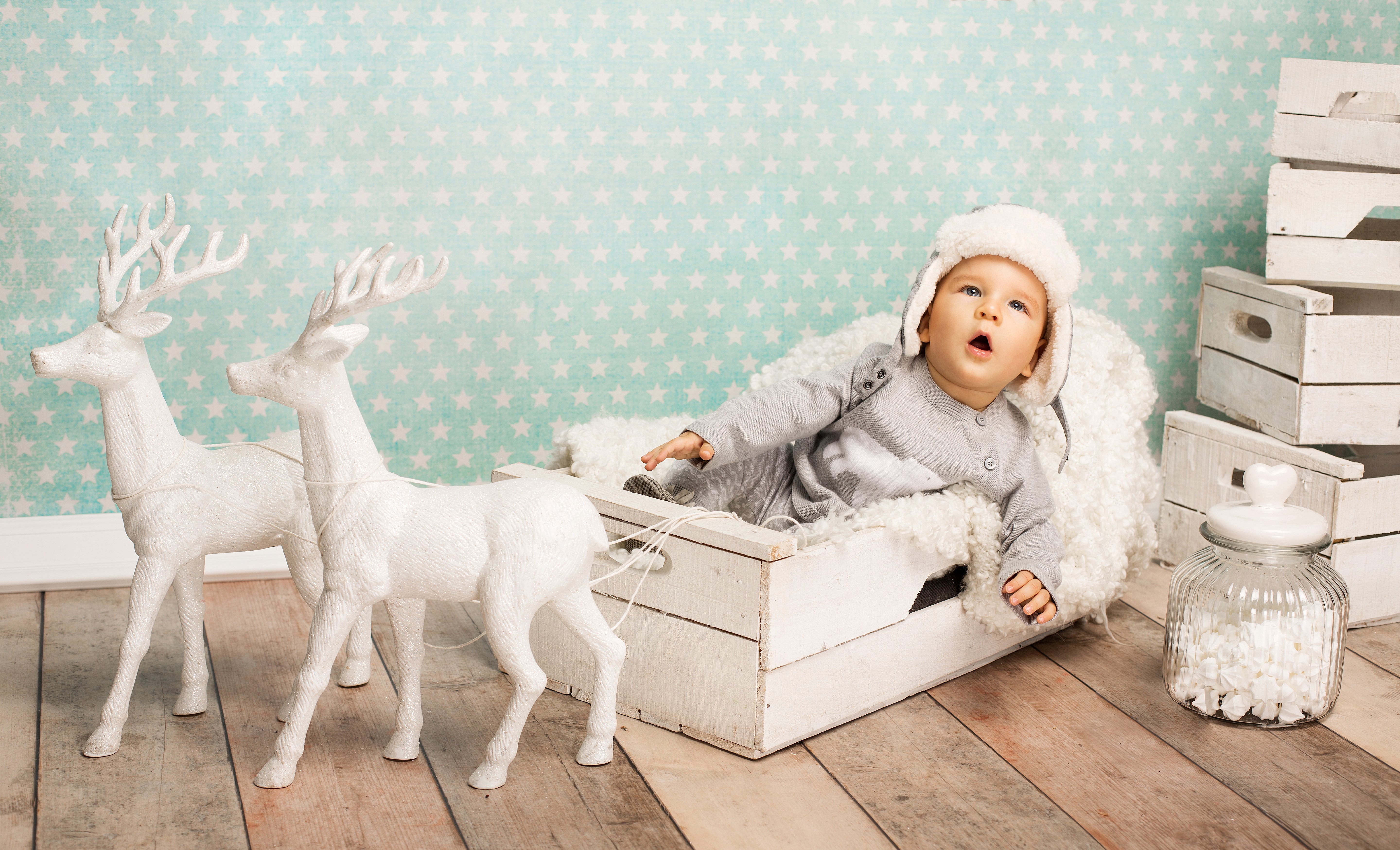 Infant in a sleigh with deer and winter hat HD Wallpaper