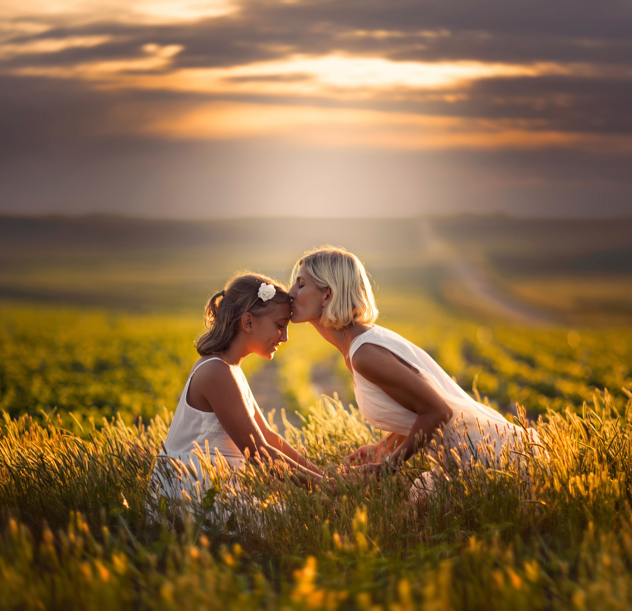 Mother kissing daughter in a field at sunset HD Wallpaper
