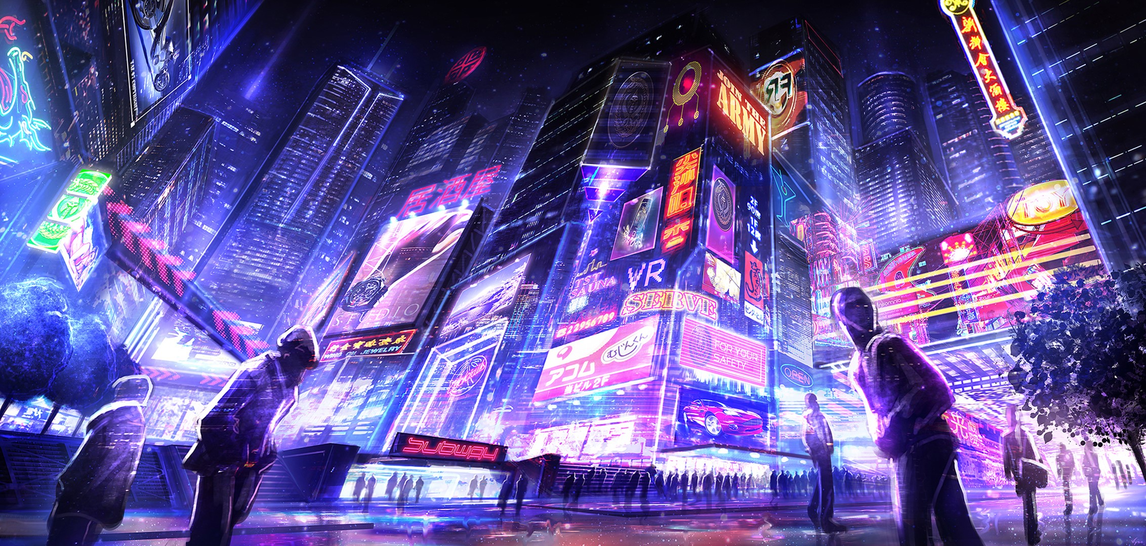 Futuristic city street at night with neon signs HD Wallpaper