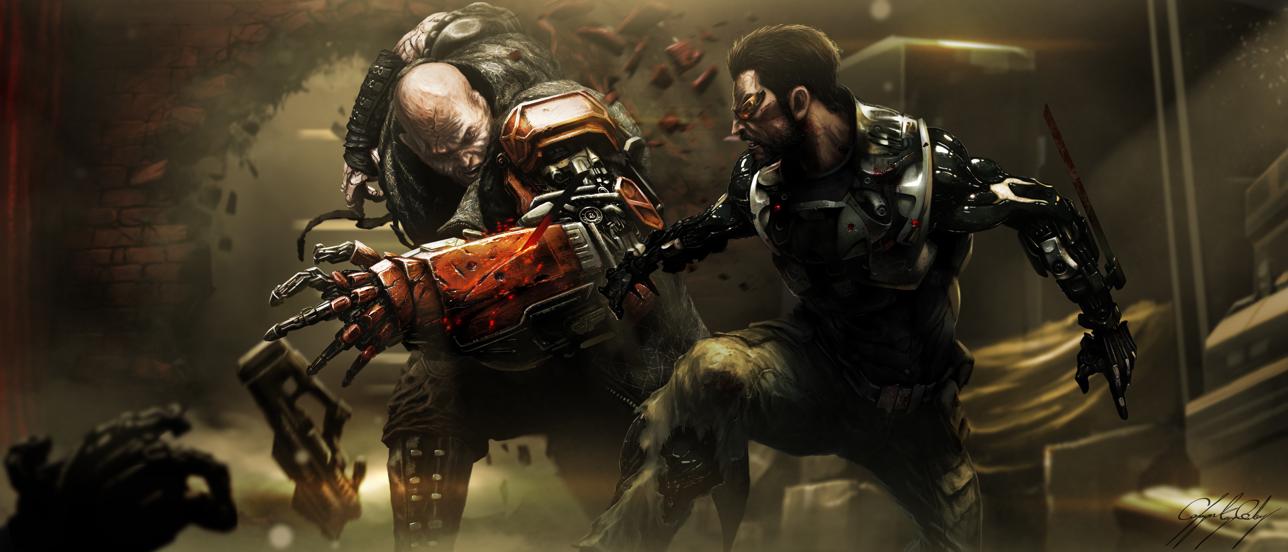 Adam Jensen from Deus Ex: Mankind Divided fighting a cyborg HD Wallpaper