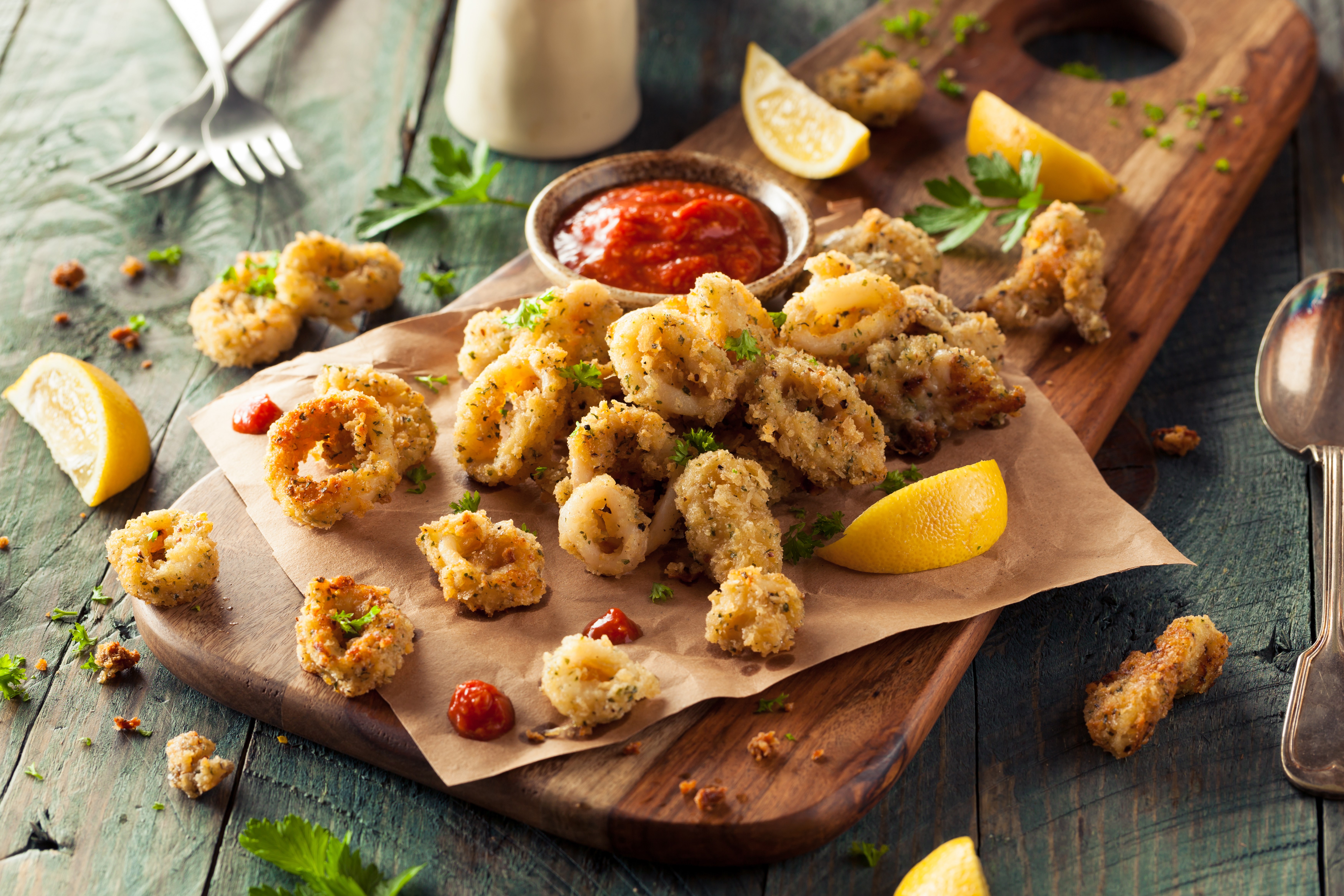 Fried Calamari with Lemon and Ketchup HD Wallpaper