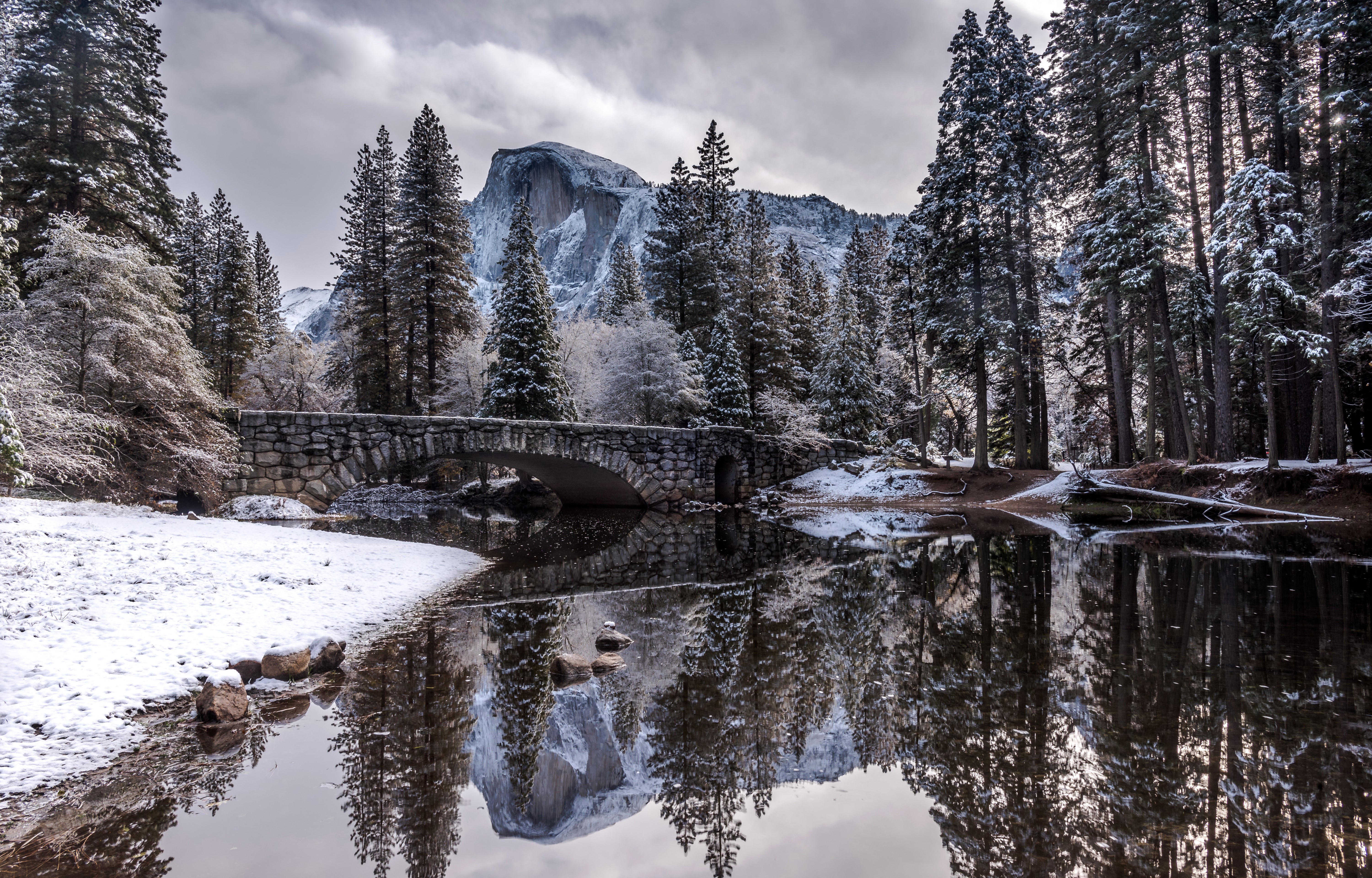 Yosemite National Park Bridge in Winter HD Wallpaper