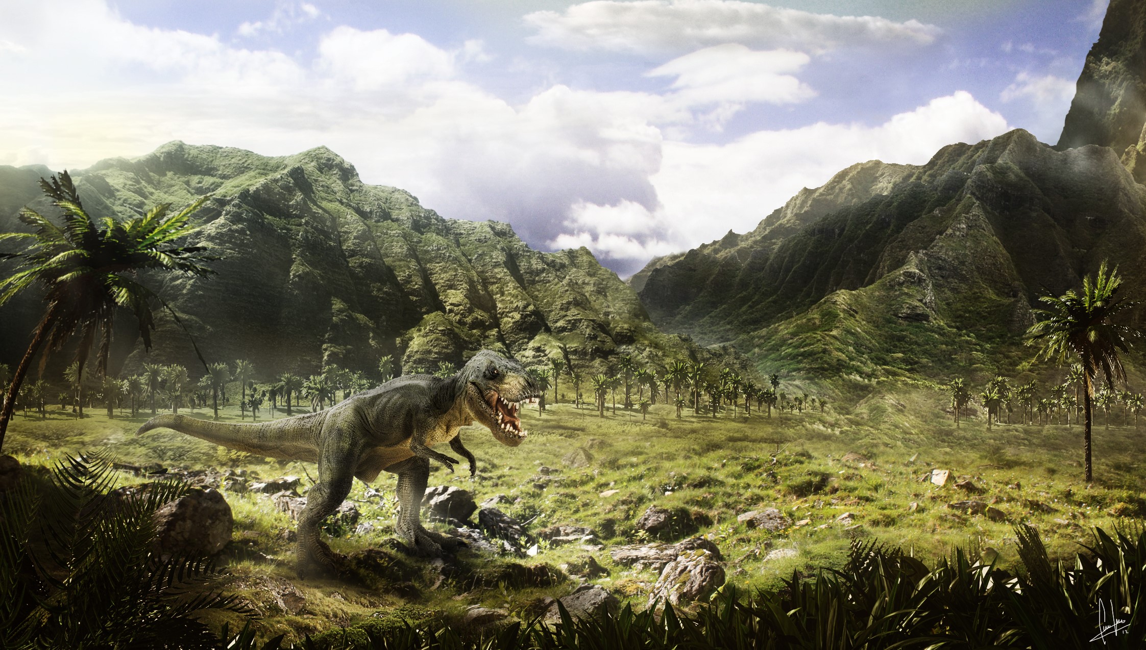 Tyrannosaurus Rex in a mountainous jungle landscape HD Wallpaper