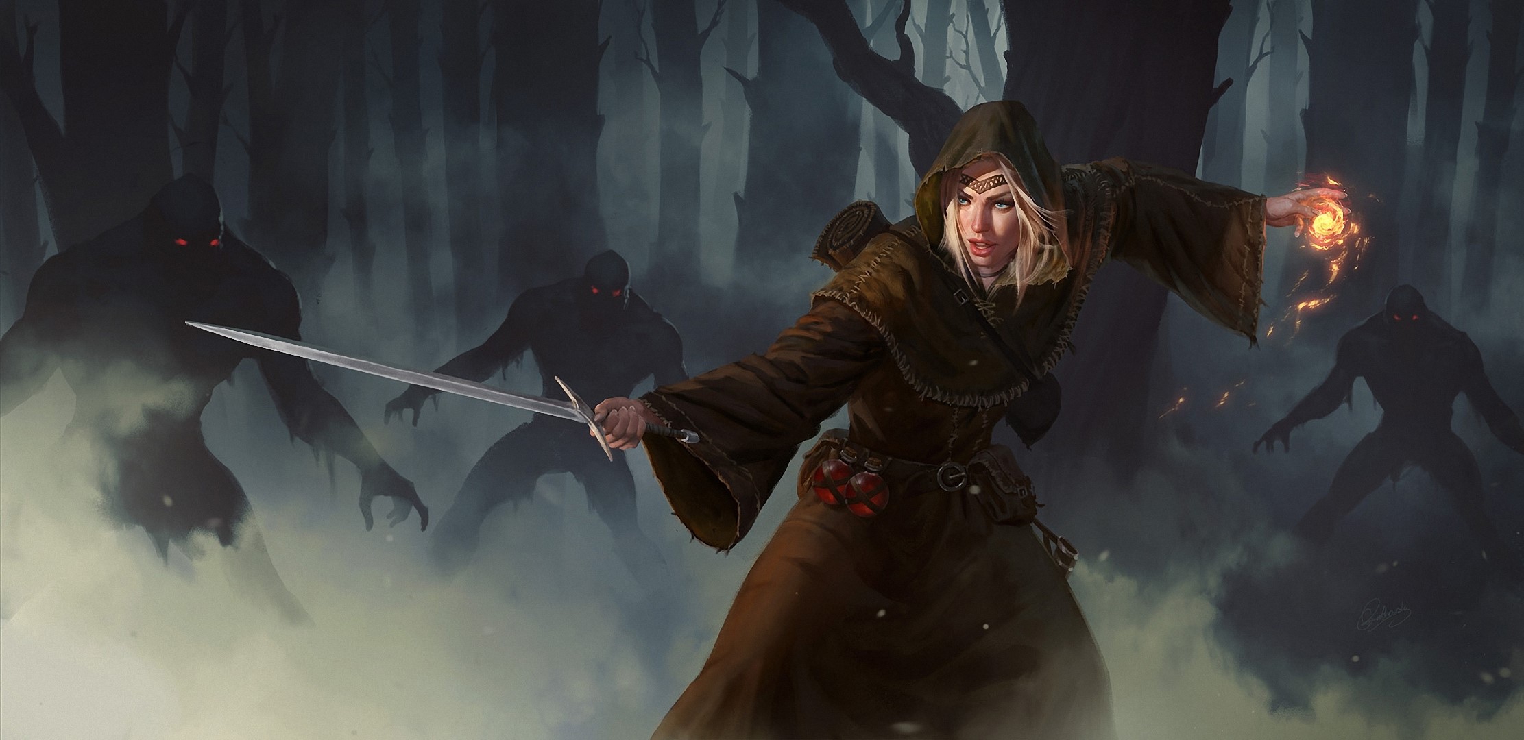 Woman warrior casting magic and fighting monsters in a forest HD Wallpaper
