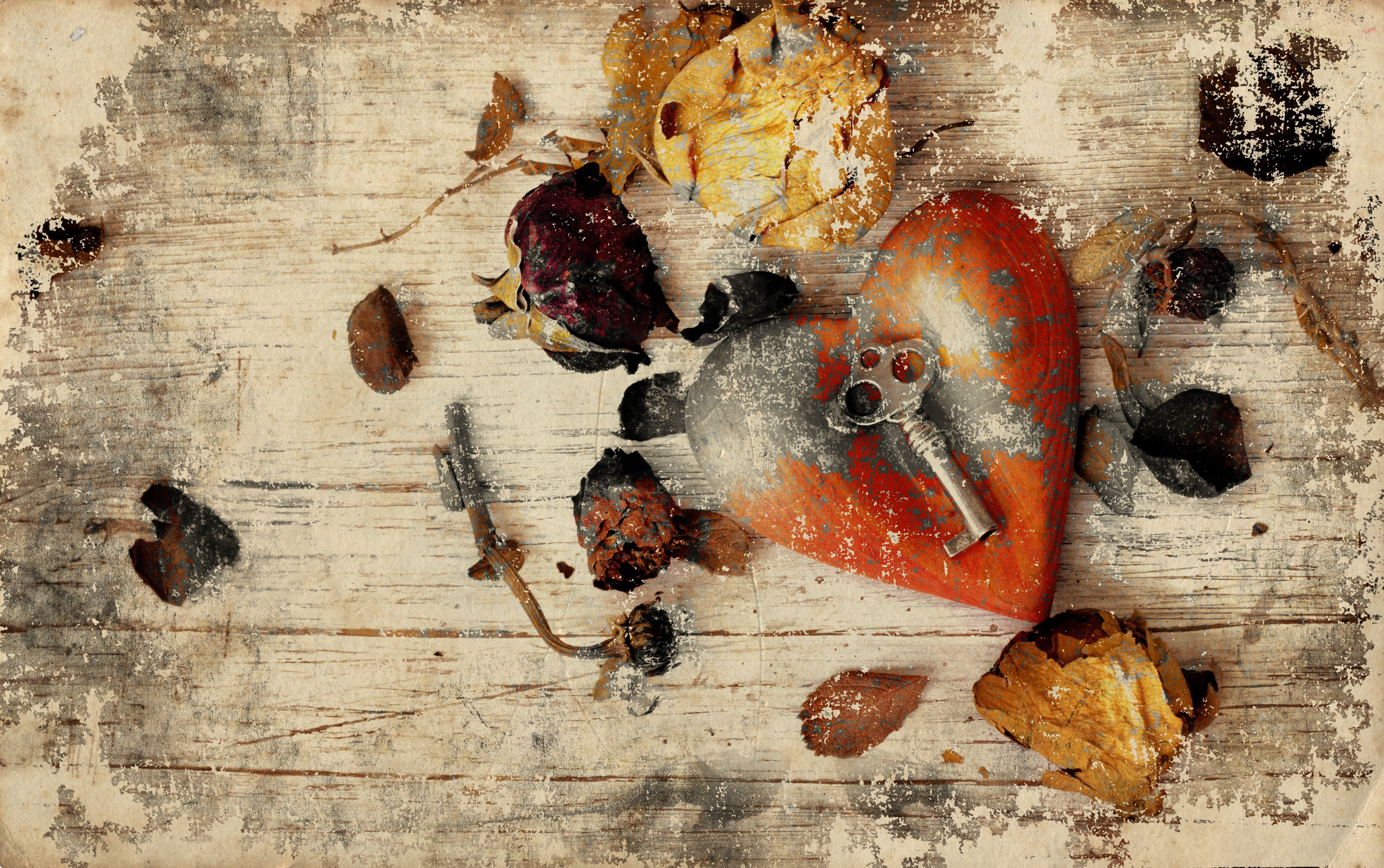 Heart with key and dried foliage HD Wallpaper