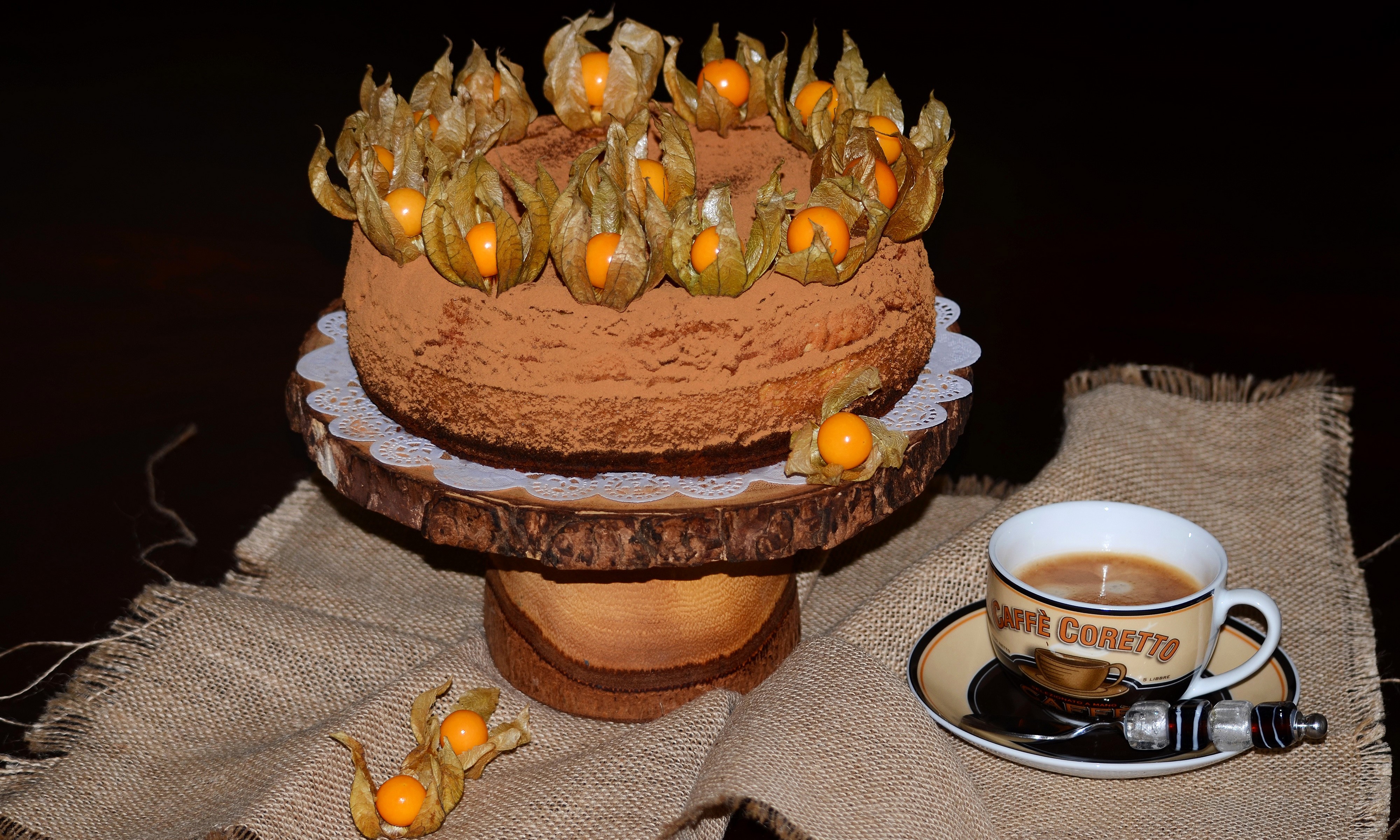 Chocolate cake with physalis and coffee HD Wallpaper