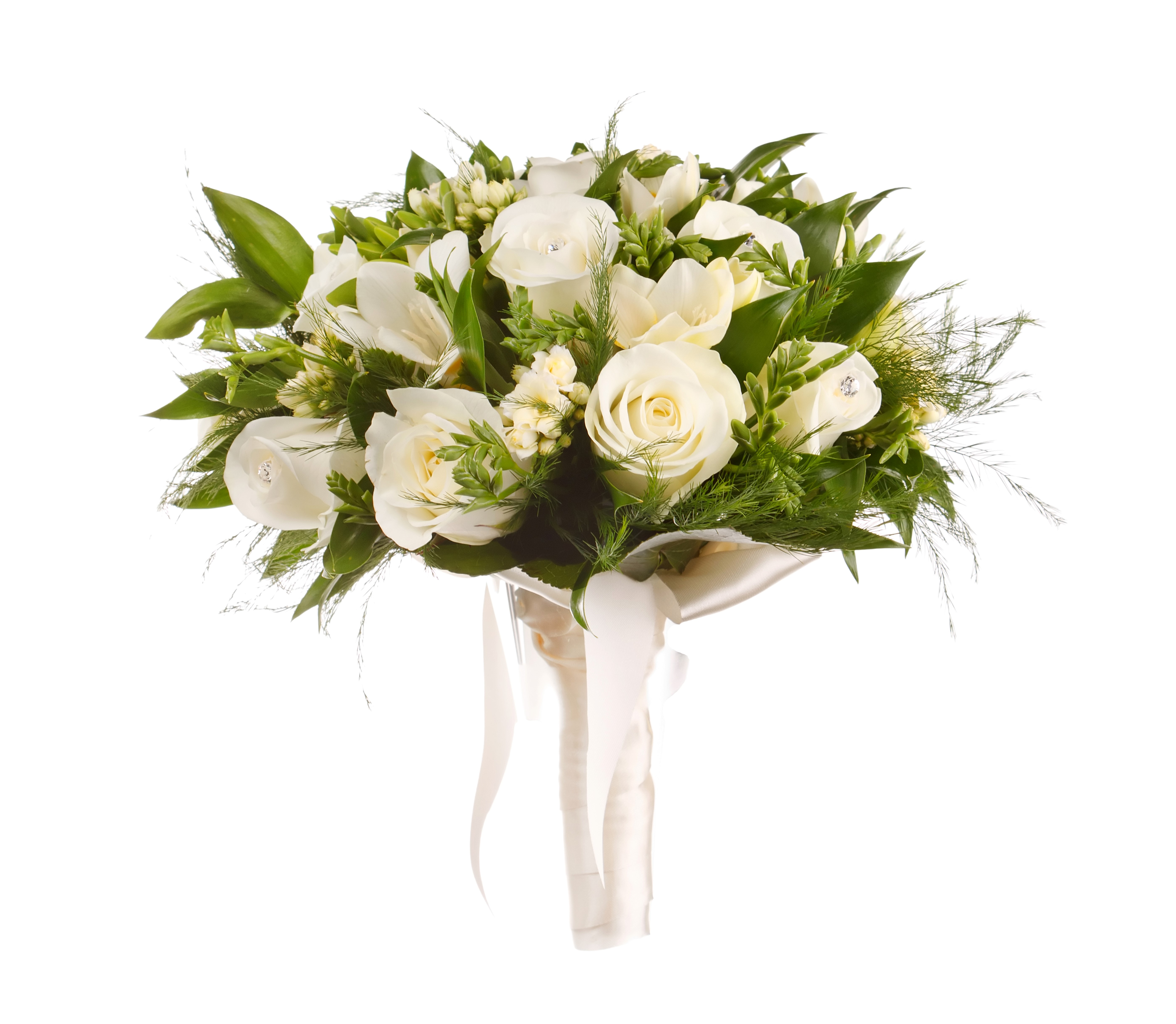 White Roses and Freesia Bouquet with Ribbon HD Wallpaper