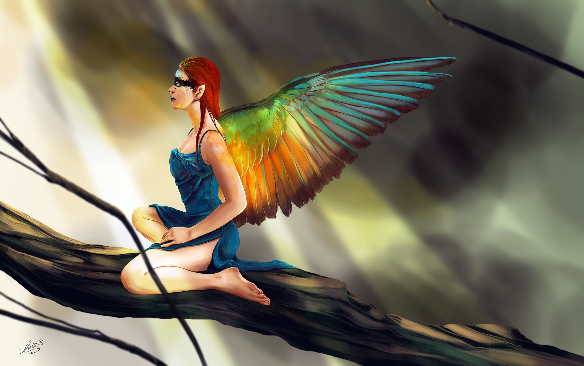 Redhead girl with colorful wings sitting on a branch HD Wallpaper