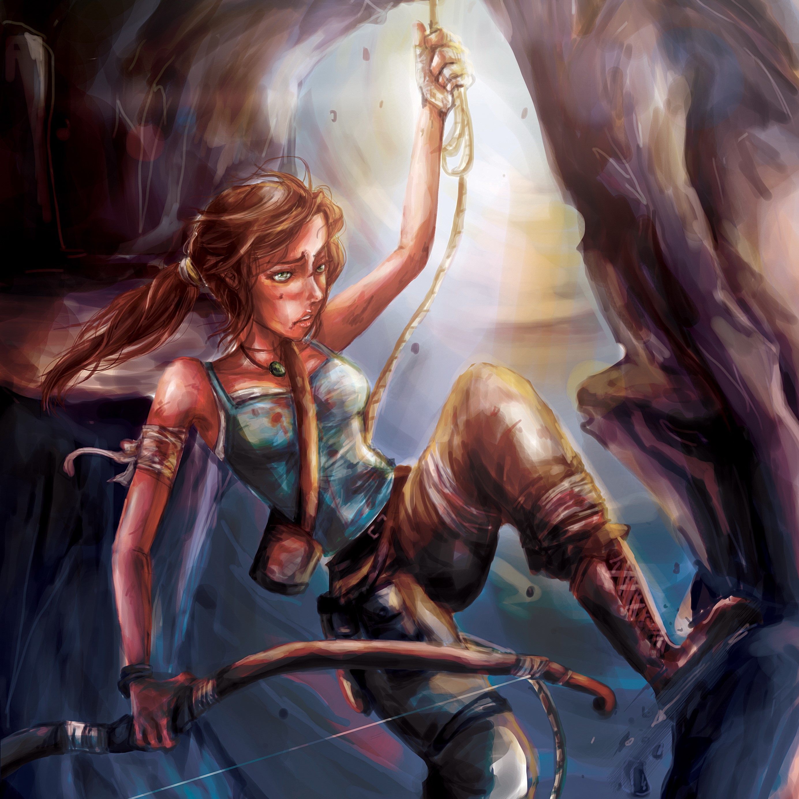 Lara Croft from Tomb Raider climbing a rope in a cave HD Wallpaper