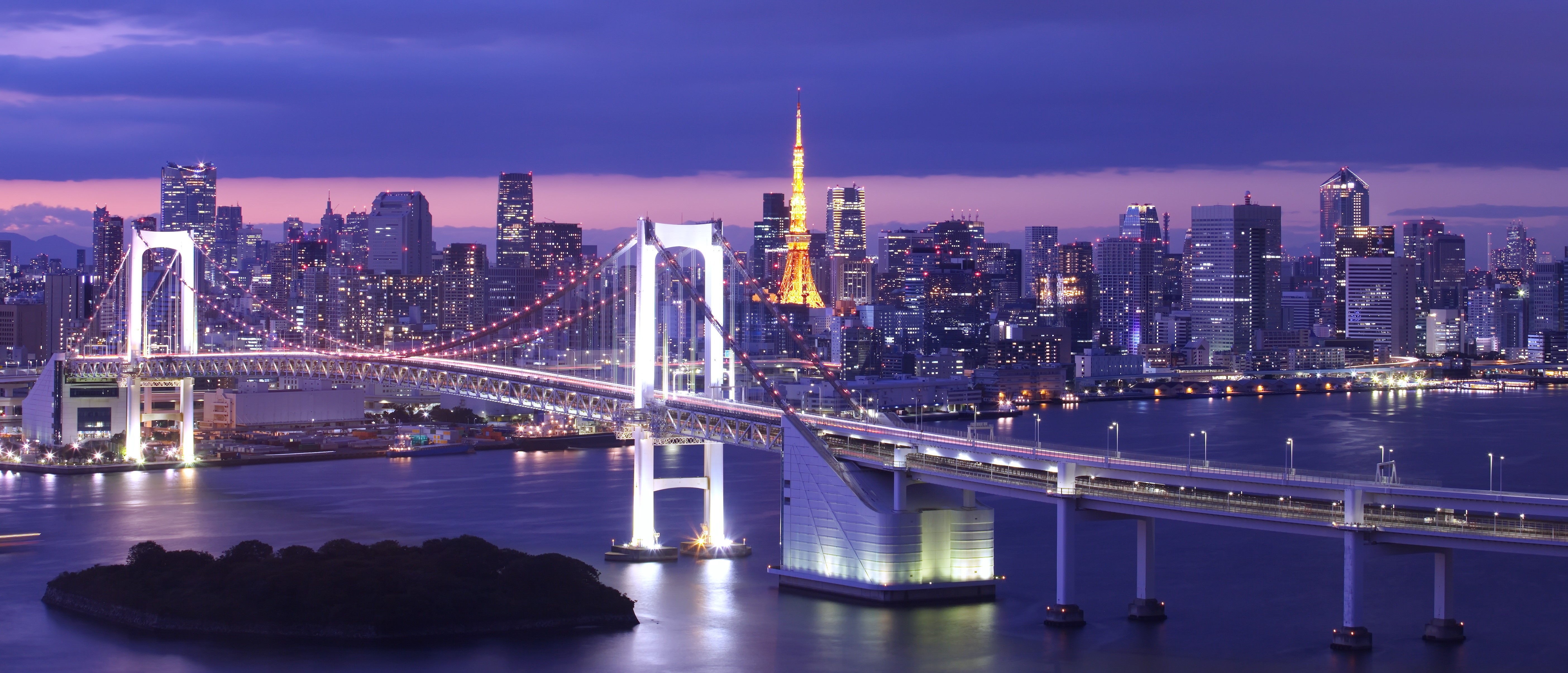 Tokyo Bay Rainbow Bridge and Skyline at Dusk HD Wallpaper