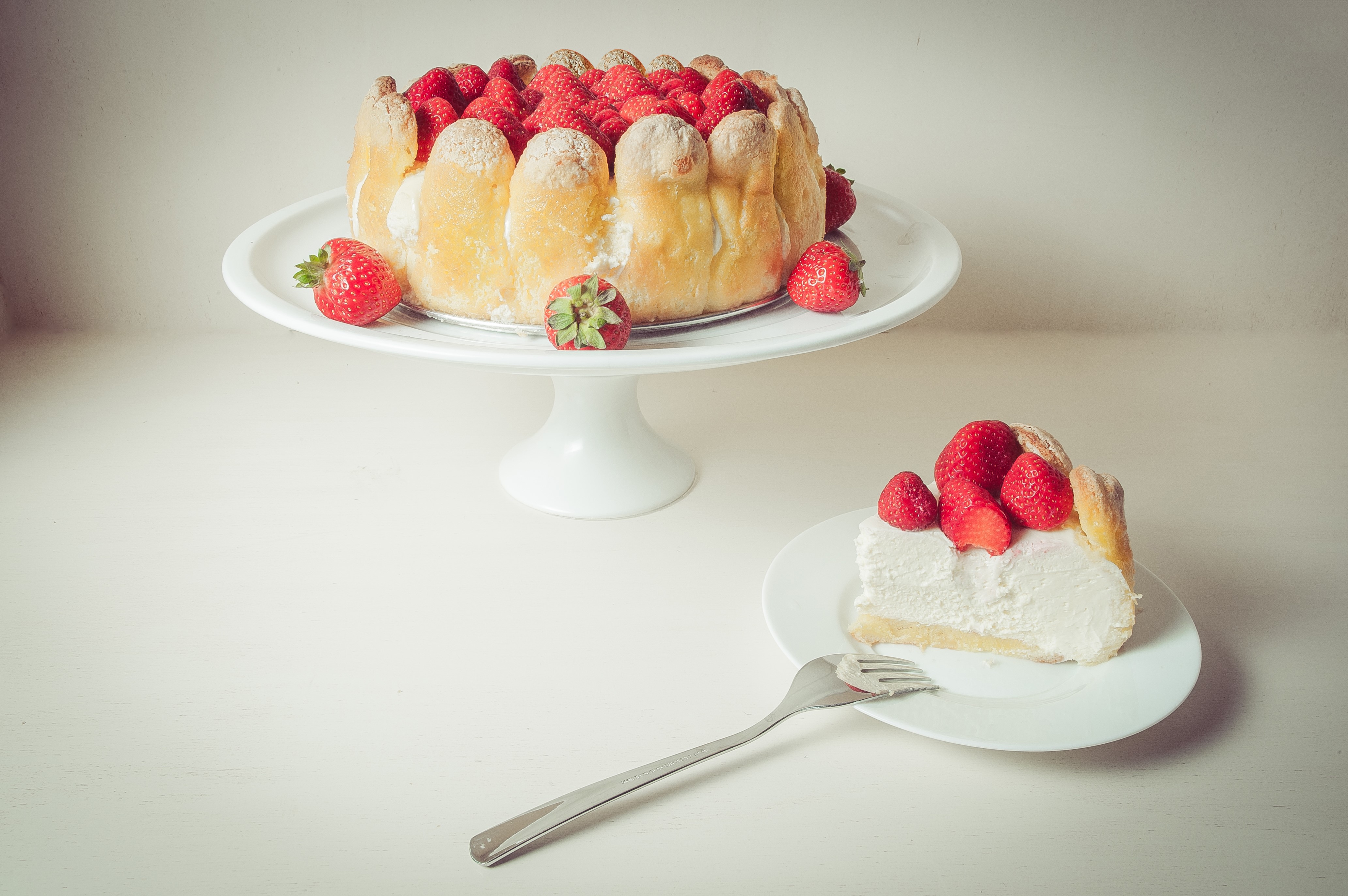 Strawberry Charlotte Cake with a Slice and Fork HD Wallpaper