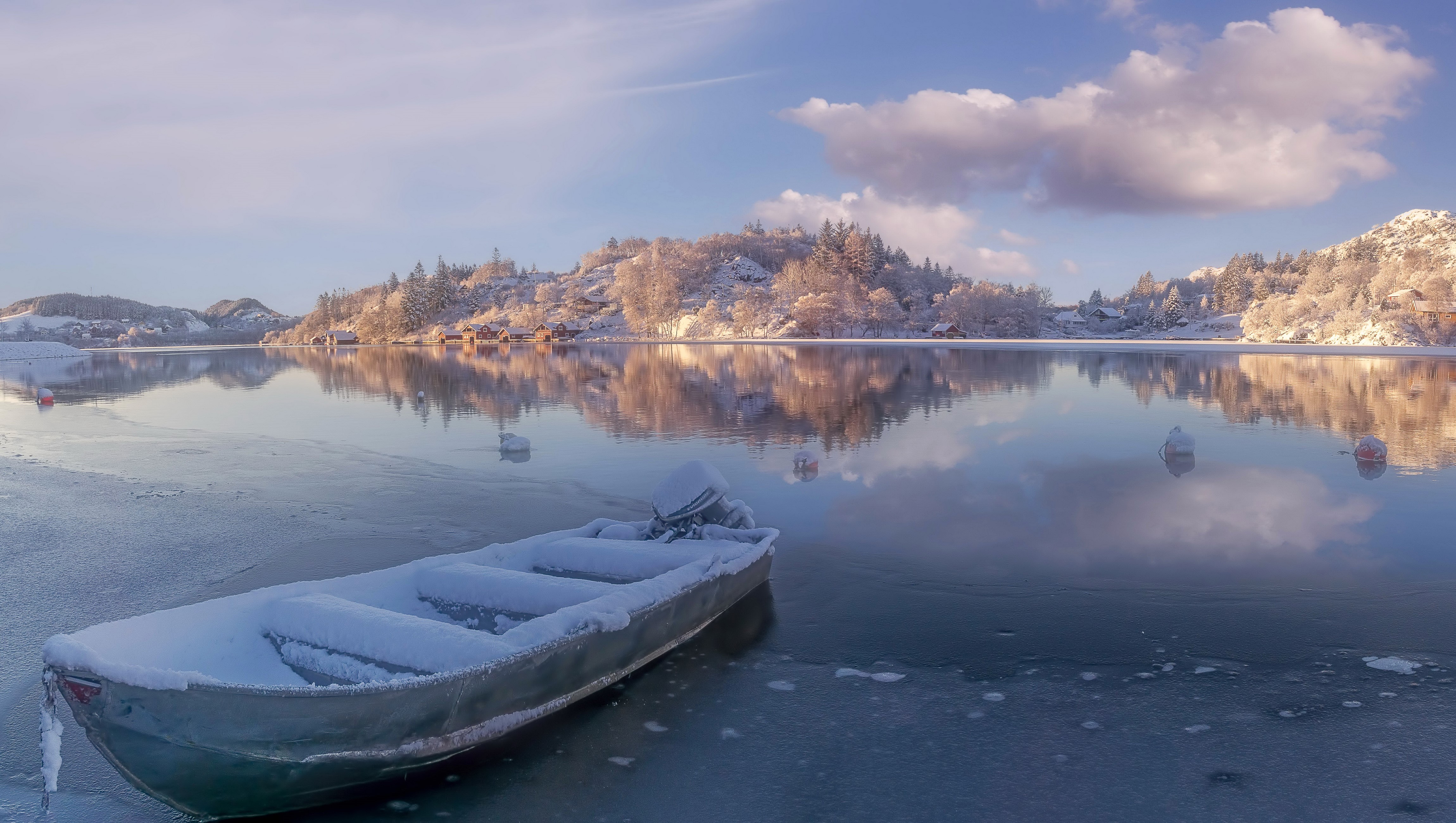 4K Winter Lake with Snow-Covered Boat in Egersund, Norway HD Wallpaper