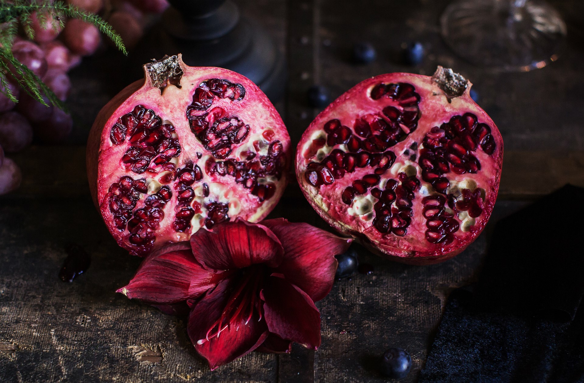 Two Pomegranates and a Dark Red Flower HD Wallpaper