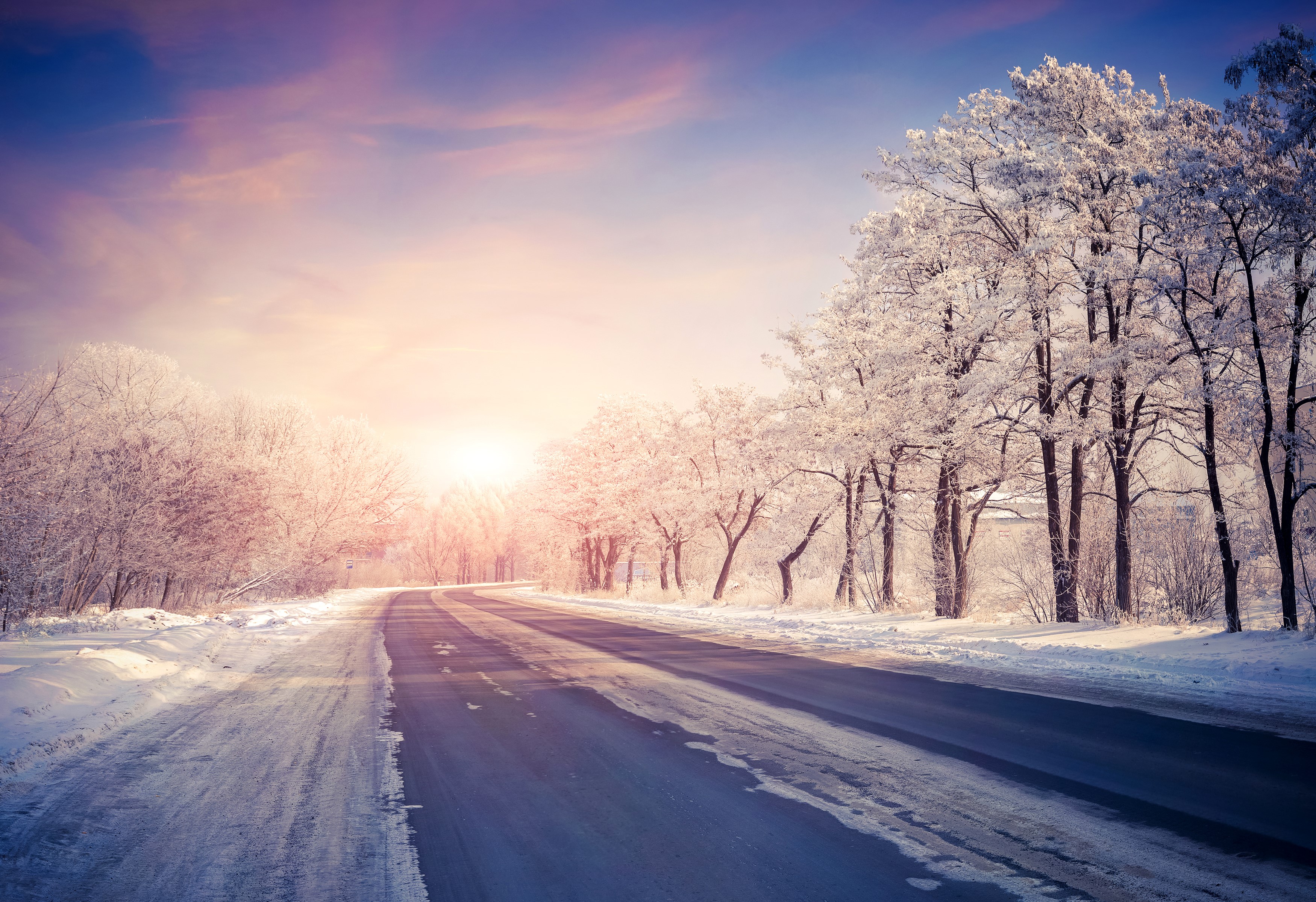 Winter road with snow-covered trees at sunrise HD Wallpaper