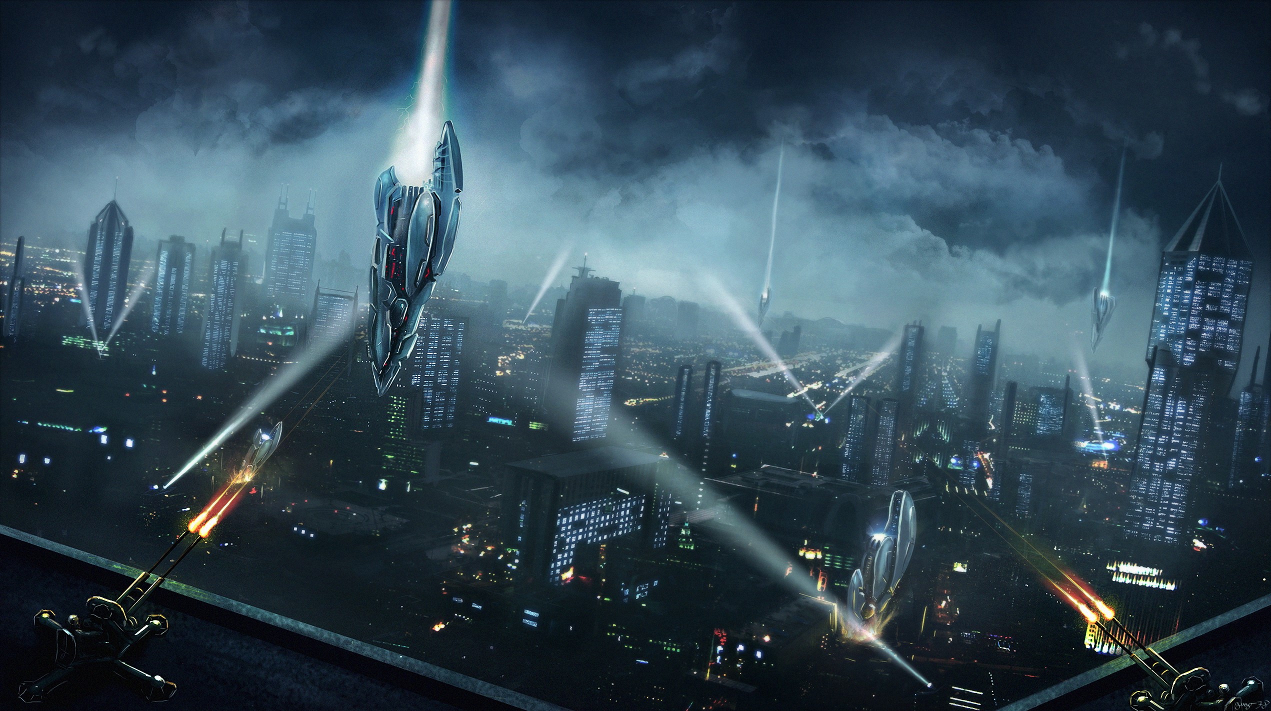 Futuristic city under attack by alien ships HD Wallpaper