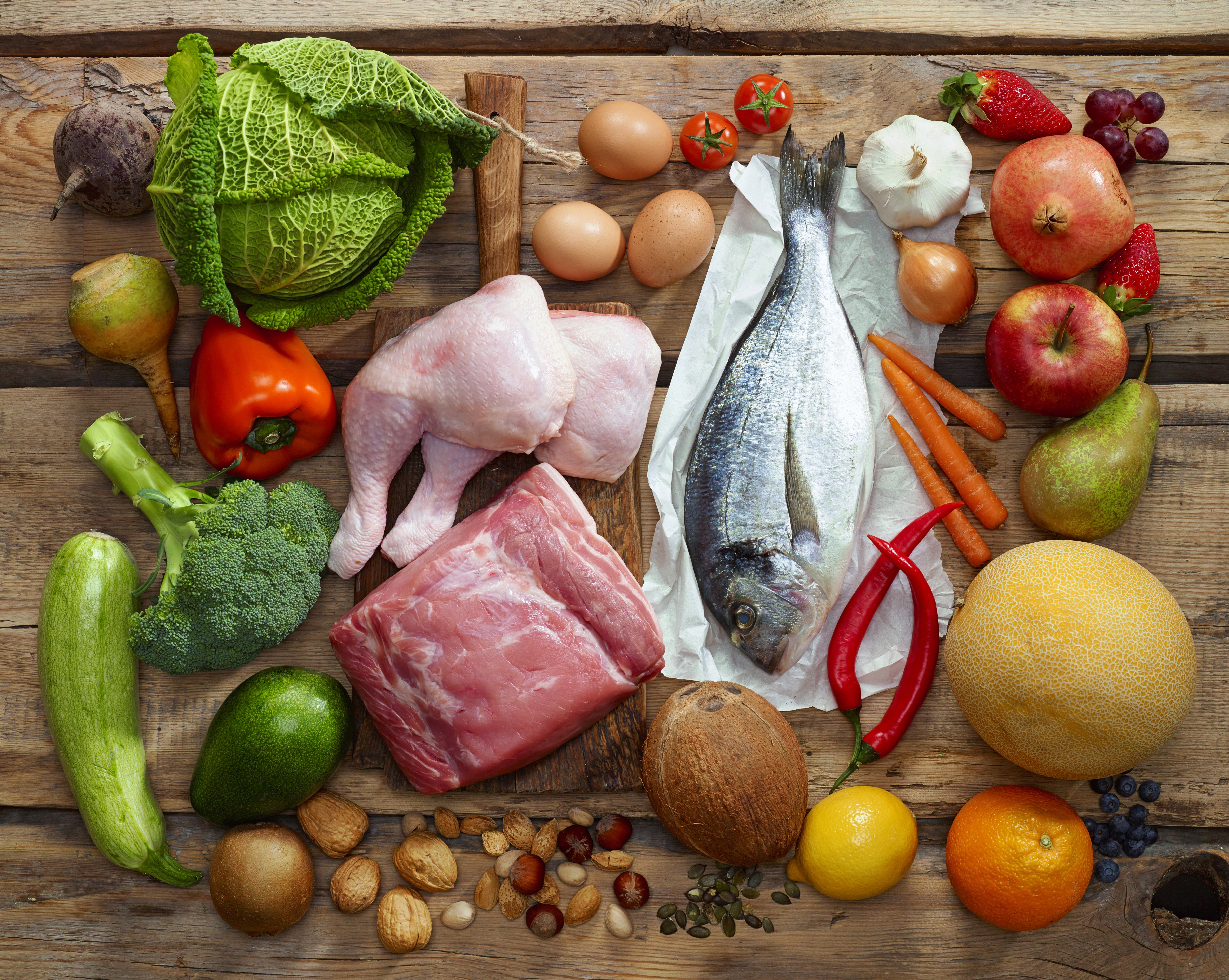Assortment of Raw Foods: Meat, Fish, Vegetables, Fruits, Nuts, and Eggs HD Wallpaper