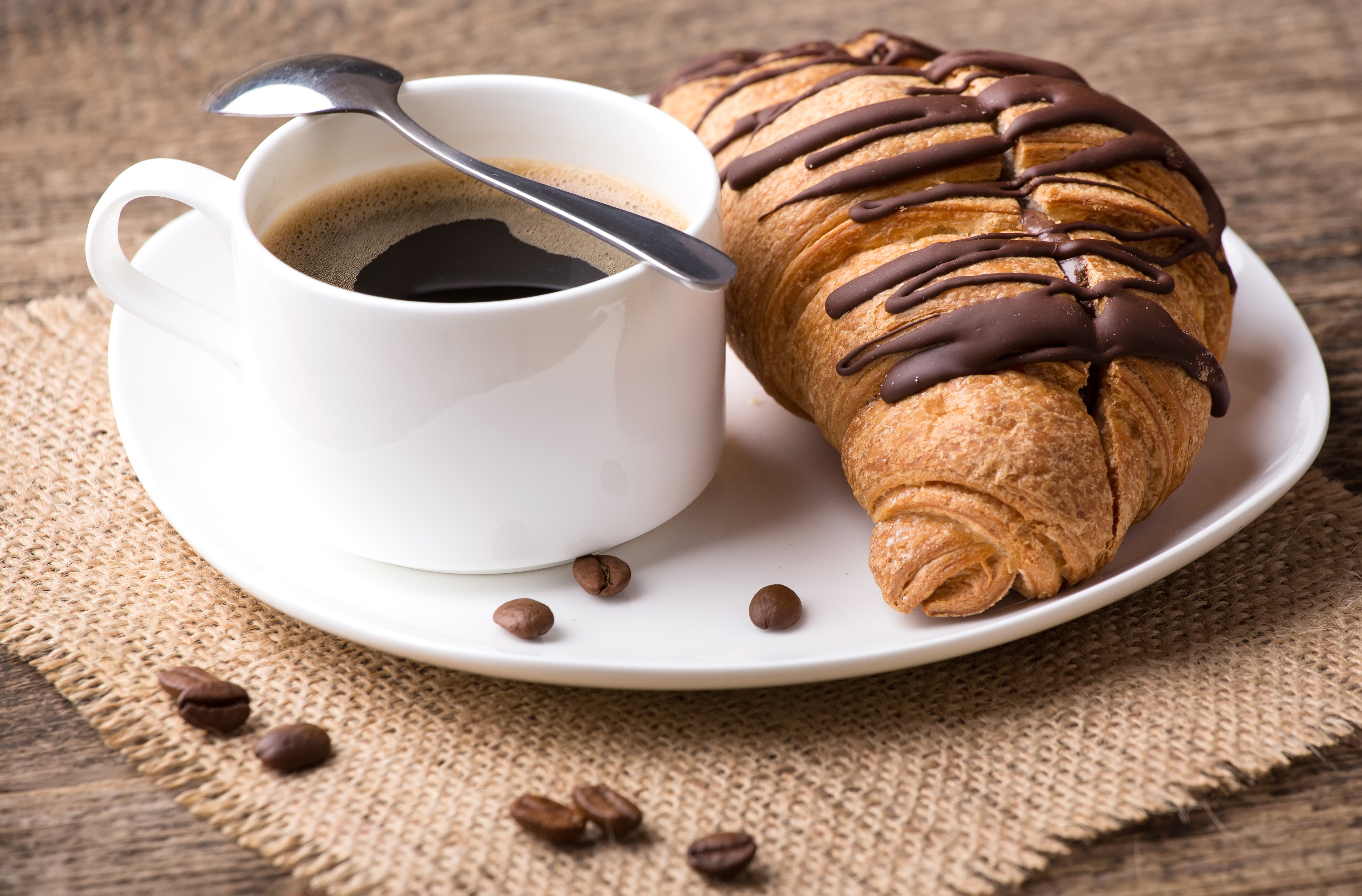 Croissant and Coffee Cup with Spoon HD Wallpaper