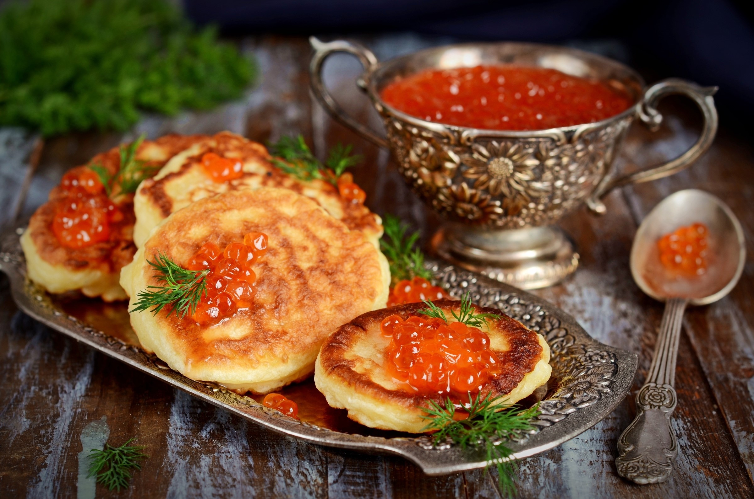 Pancakes with red caviar and dill HD Wallpaper