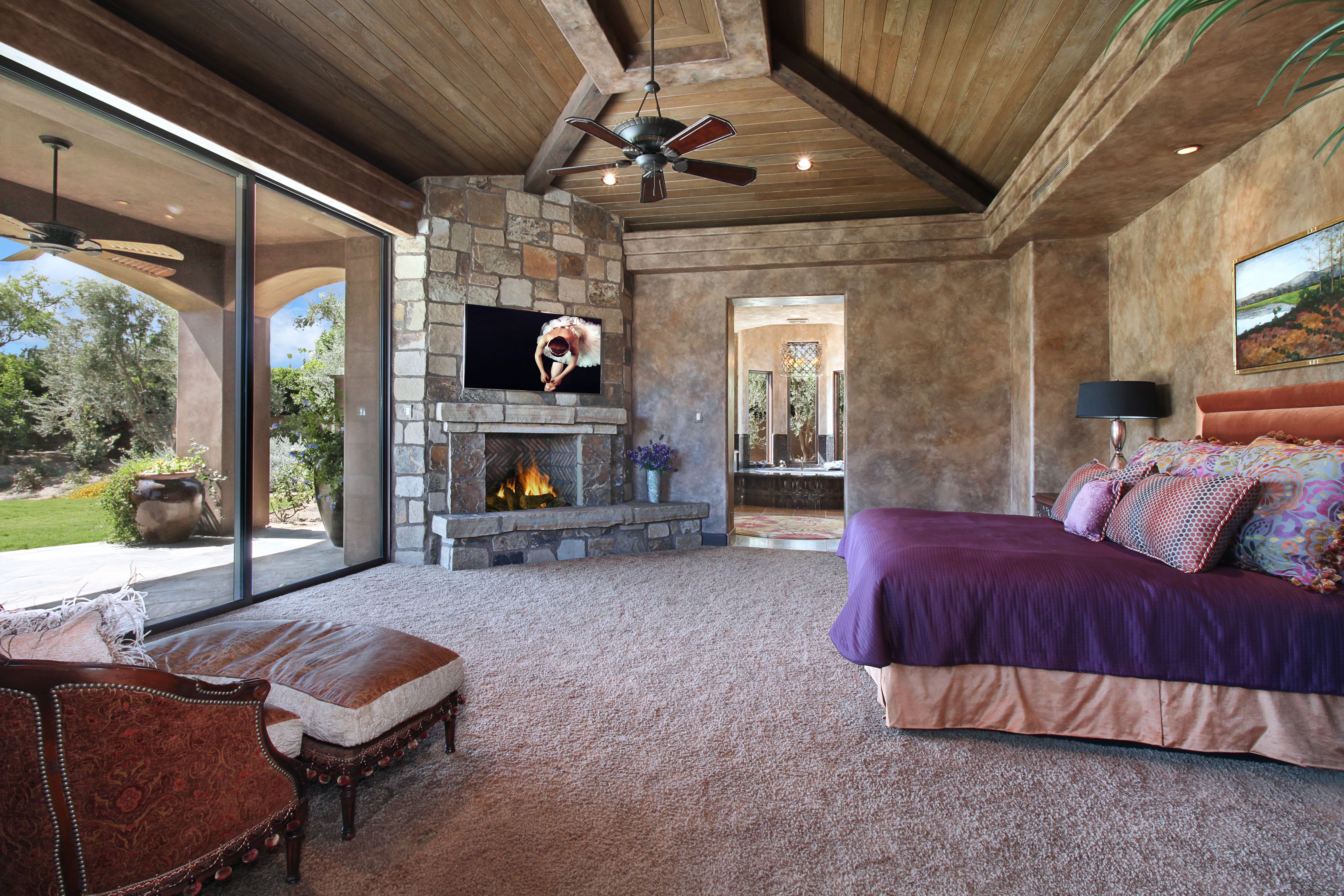 Bedroom with fireplace and large windows HD Wallpaper