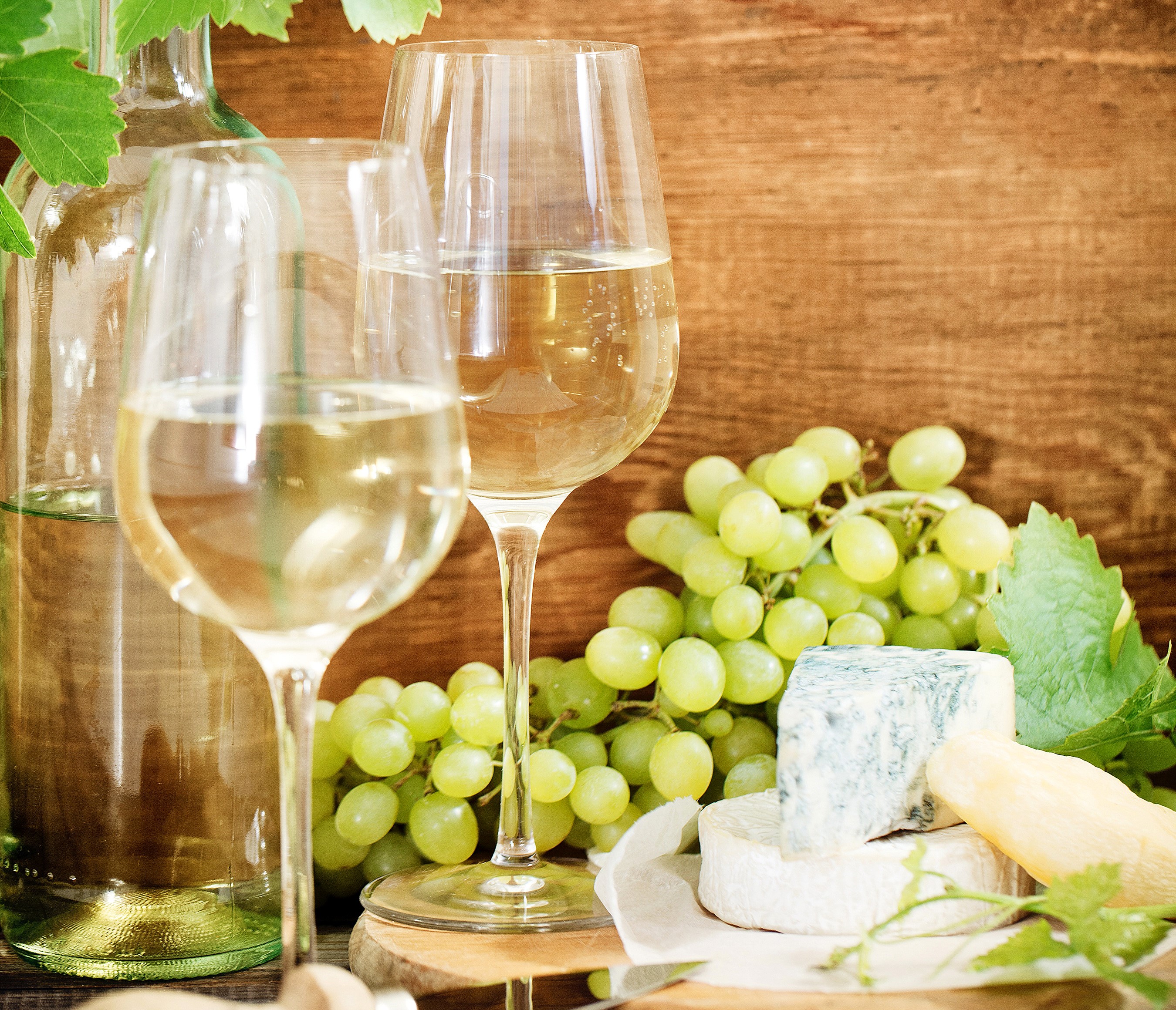 Wine, Grapes, and Cheese on a Wooden Table HD Wallpaper