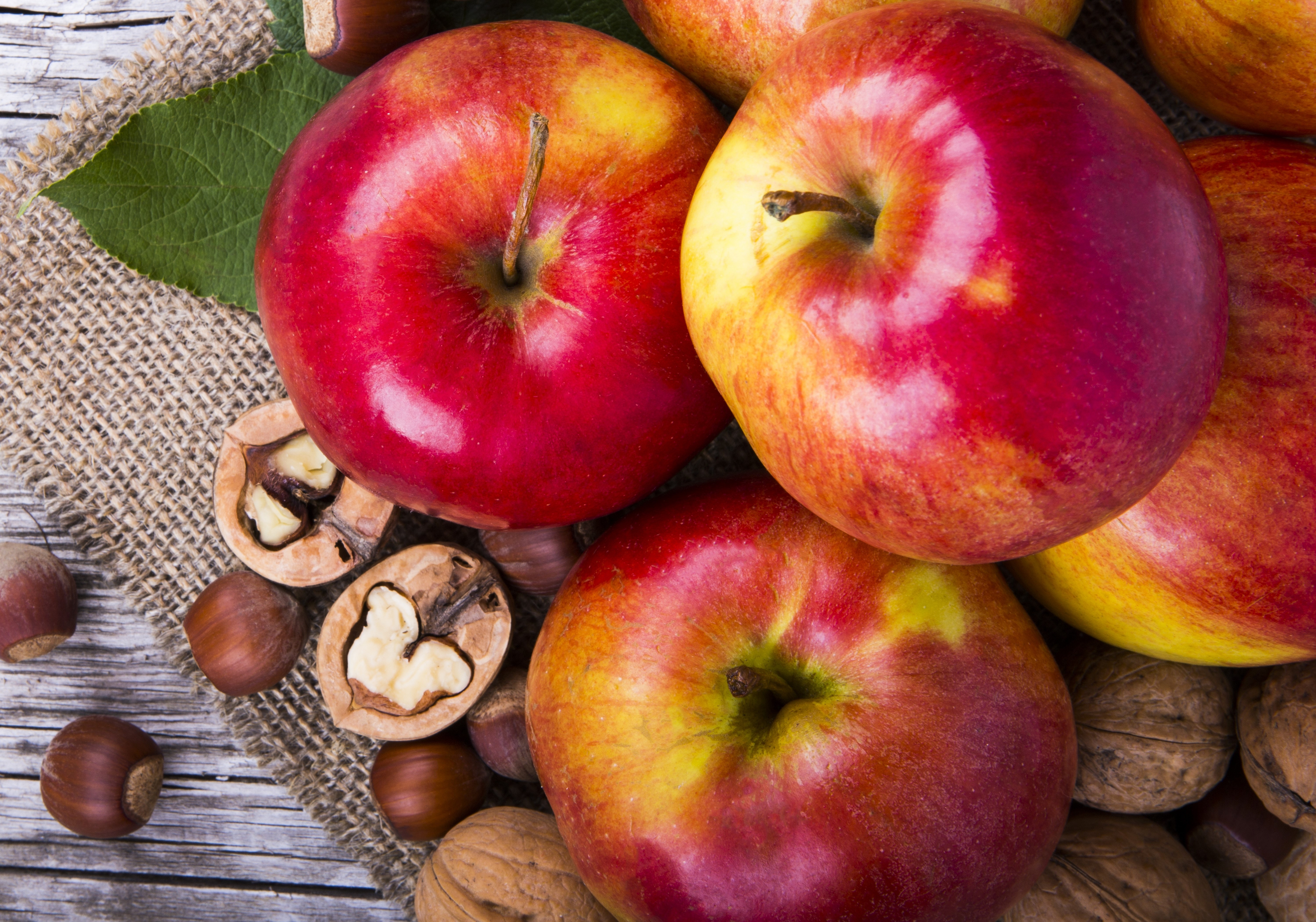 Apples and Nuts on Burlap HD Wallpaper