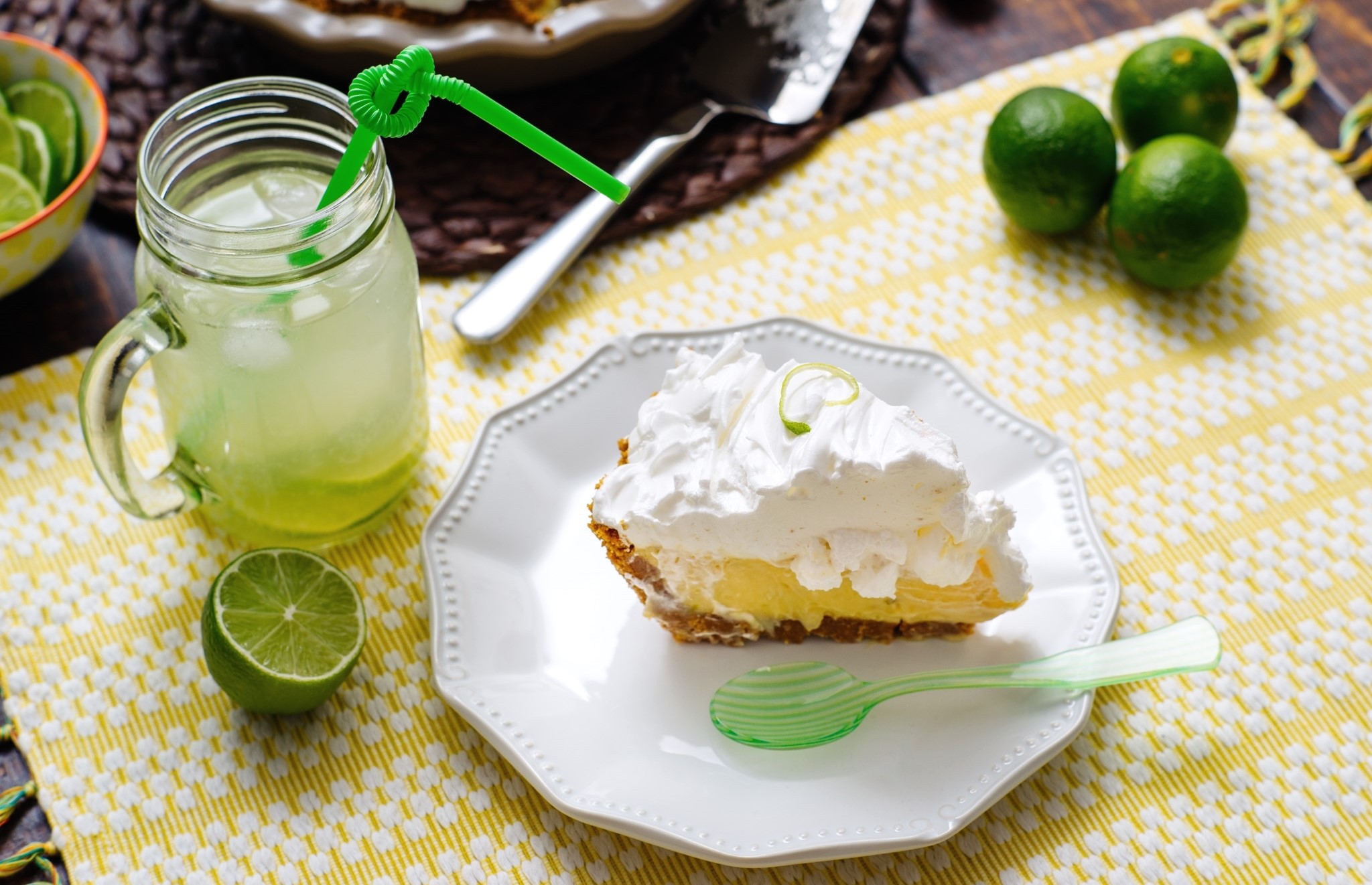 Slice of Key Lime Pie with Drink and Limes HD Wallpaper
