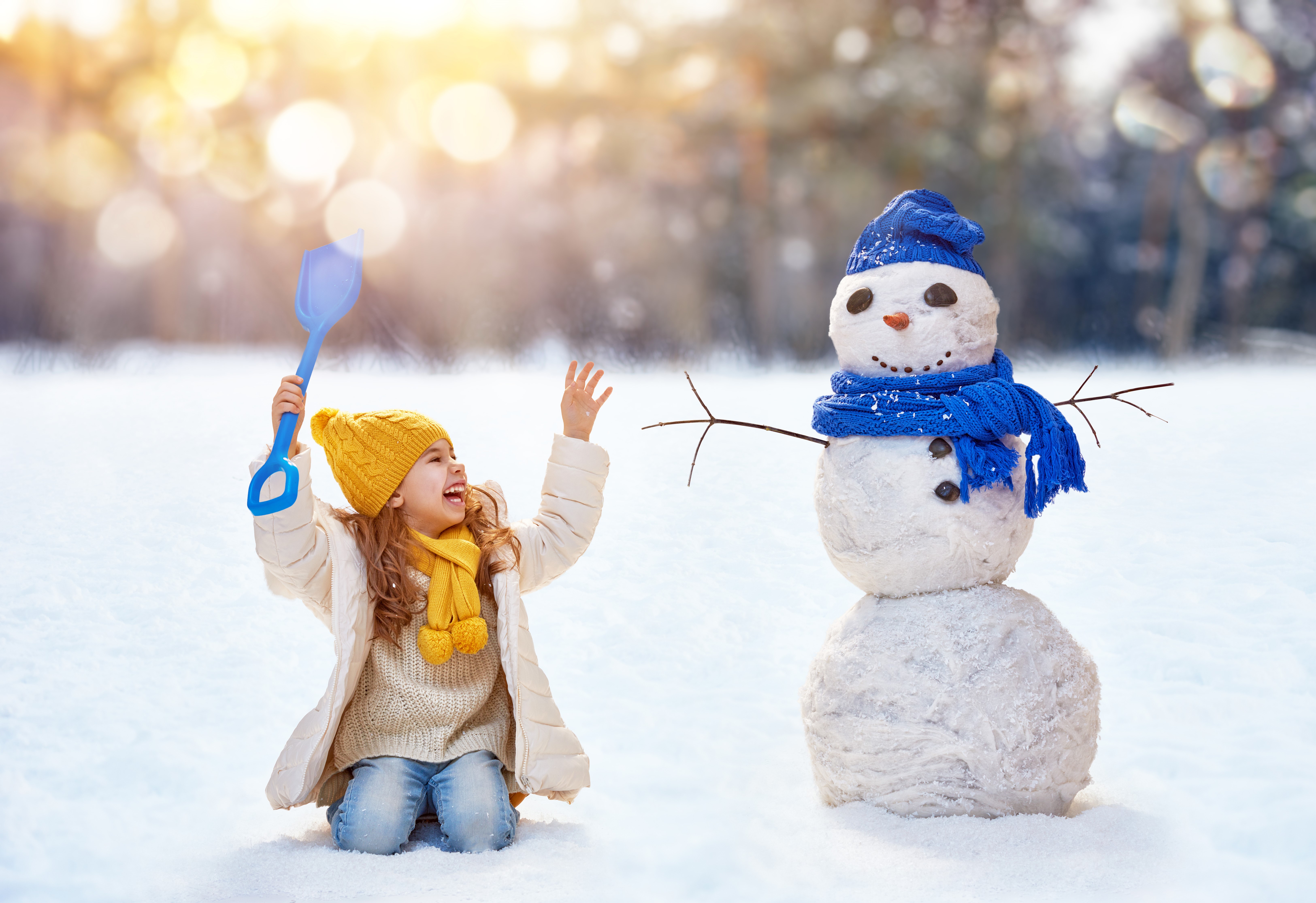 Girl with Snowman in Winter HD Wallpaper