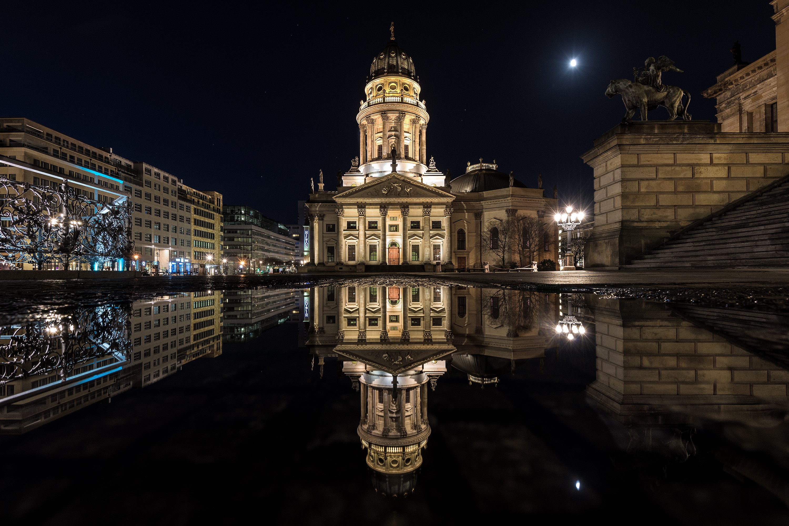 Berlin at Night with Reflections in Puddle HD Wallpaper