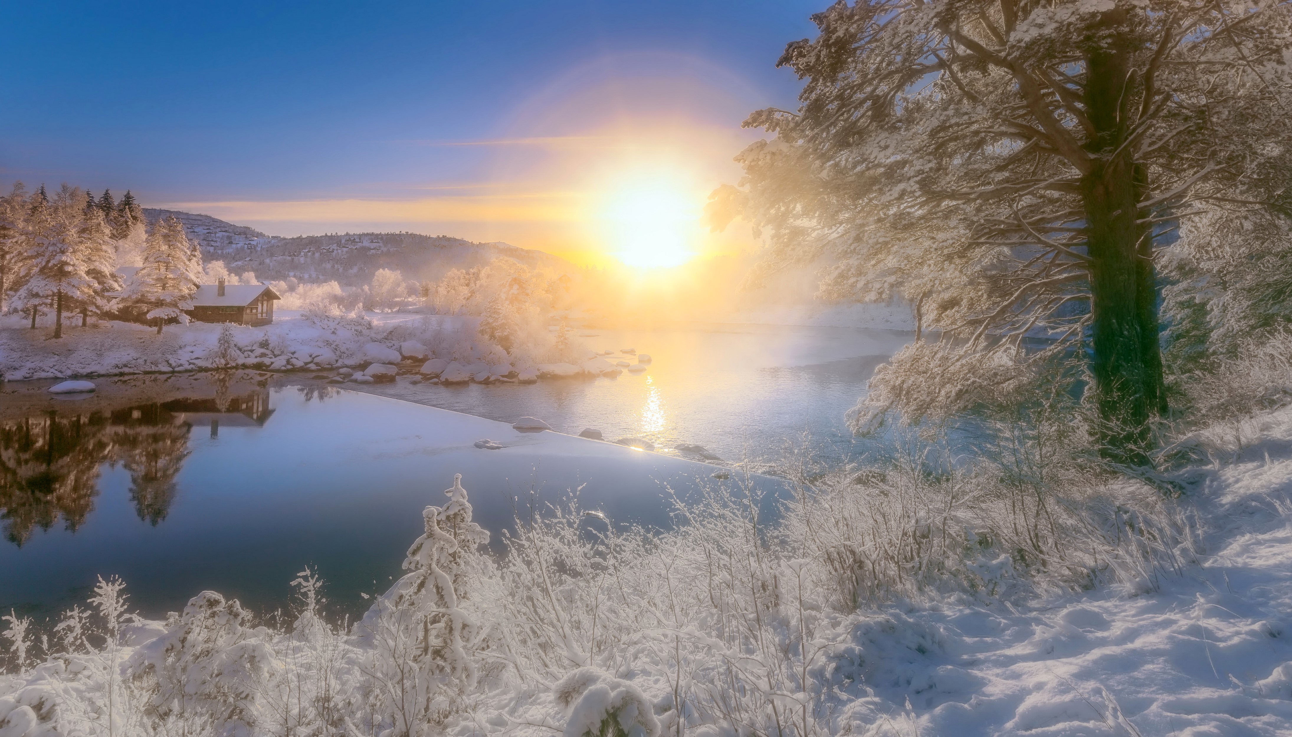 4K Winter Sunrise Over Snowy River with Cabin HD Wallpaper