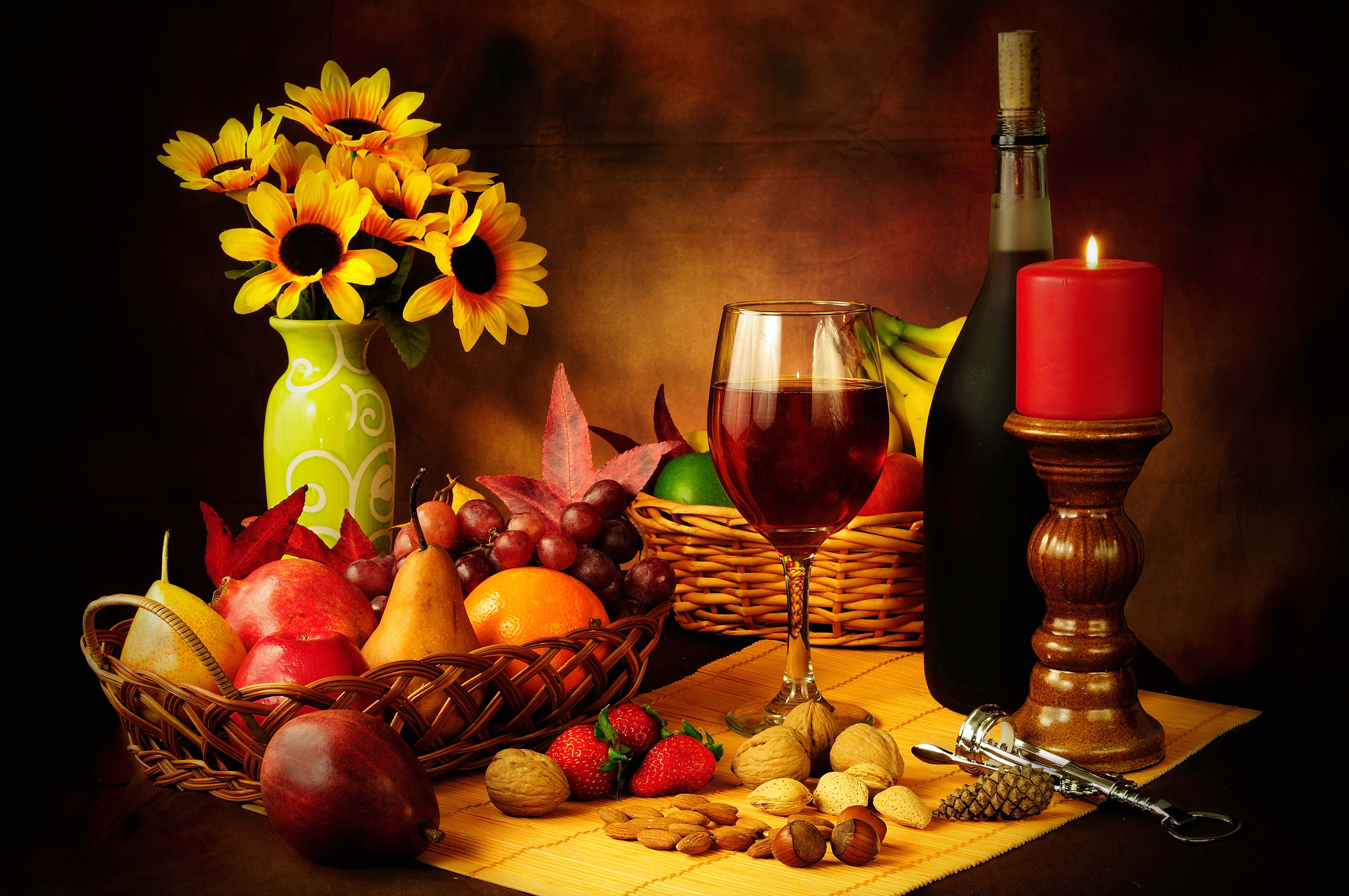 Still-life with wine, fruit, nuts, and sunflowers HD Wallpaper