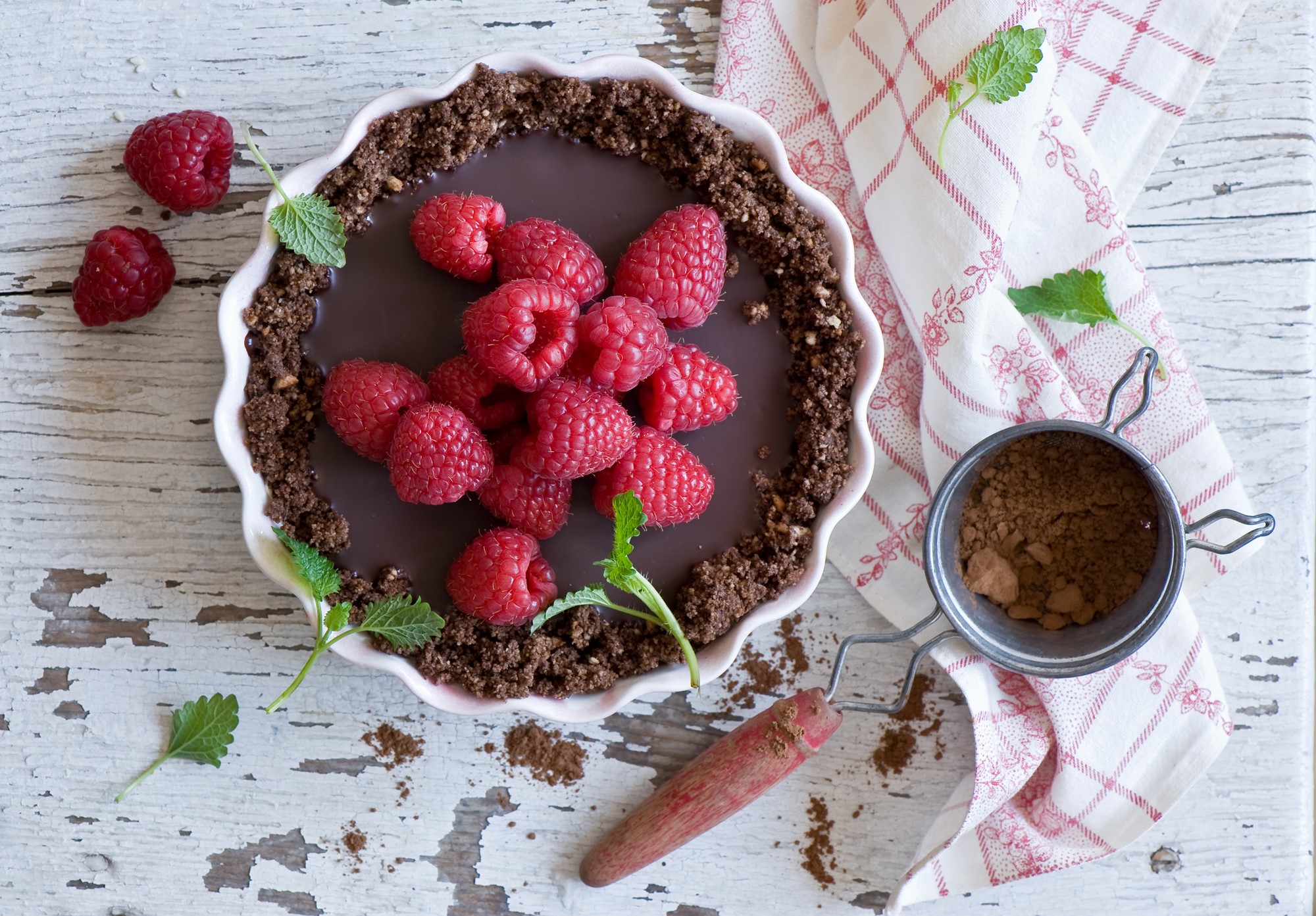 Chocolate Raspberry Tart with Mint and Cocoa Powder HD Wallpaper
